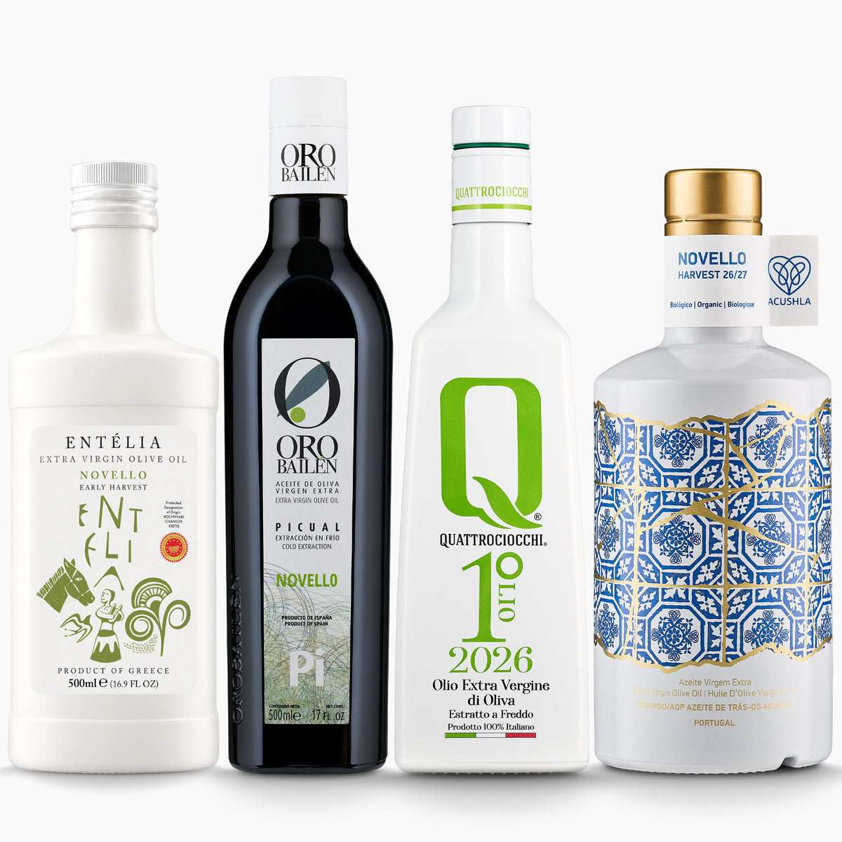 Four Mediterranean early harvest extra virgin olive oils from Entelia, Oro Bailen, Quattrociocchi, and Acushla.
