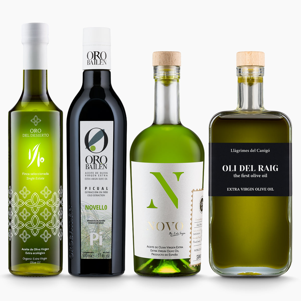 Four Spanish early harvest extra virgin olive oils from Oro Bailen, Oro del Desierto, Nobleza del Sur, and Llagrimes del Canigo.