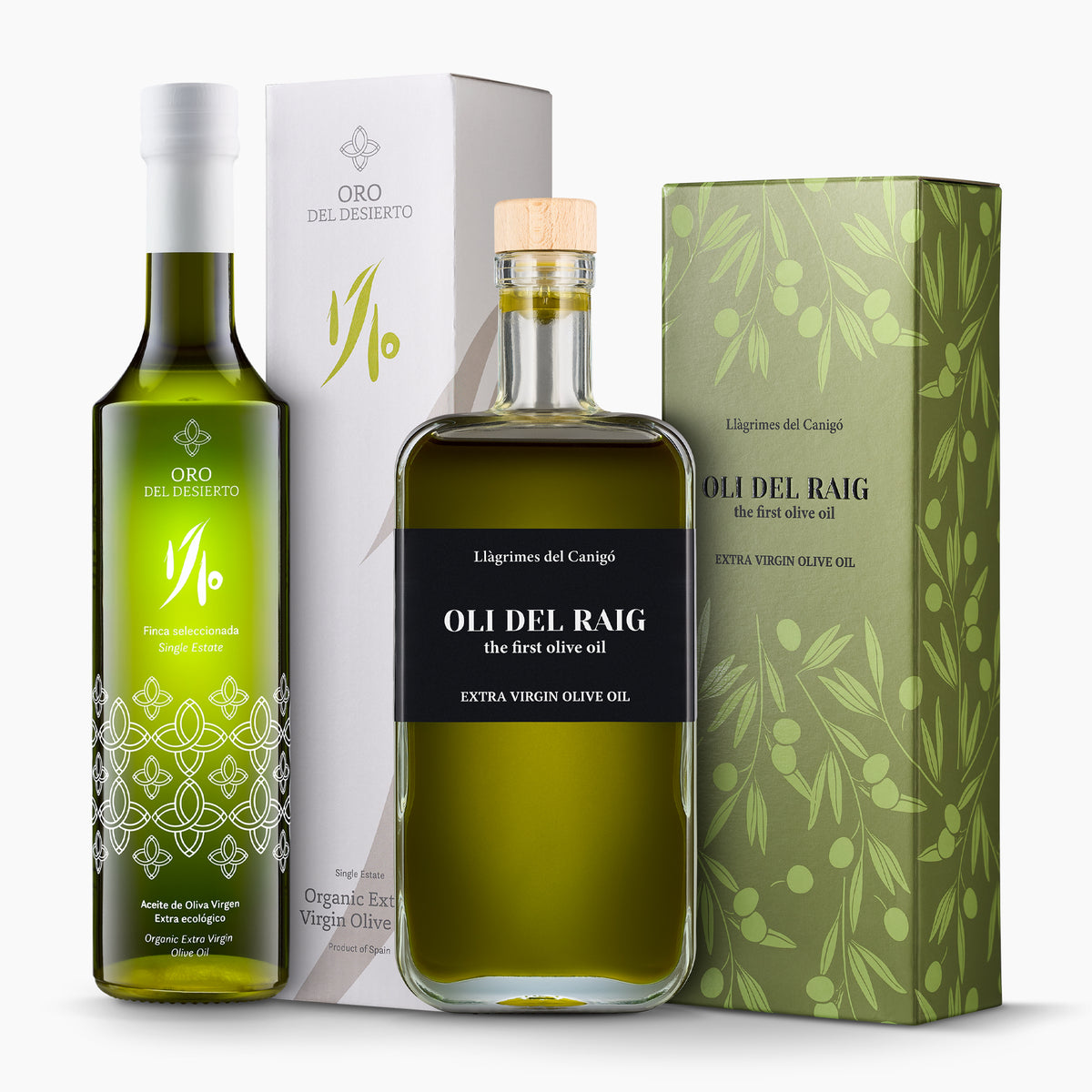 Oro del Desierto and Llàgrimes del Canigó 500ml Novello olive oils with their elegant gift boxes.