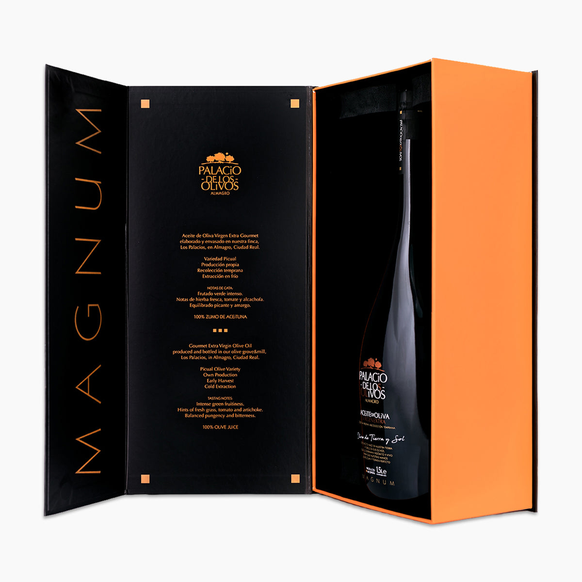 View of the 1.5L Palacio de los Olivos Picual Magnum bottle inside its open gift box.