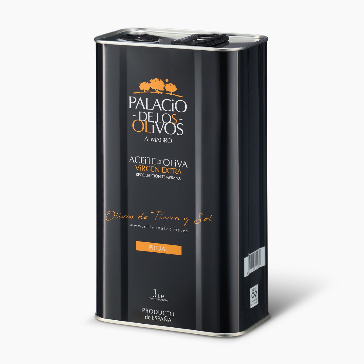 Angled view of Palacio de los Olivos Picual 3L Tin extra virgin olive oil.