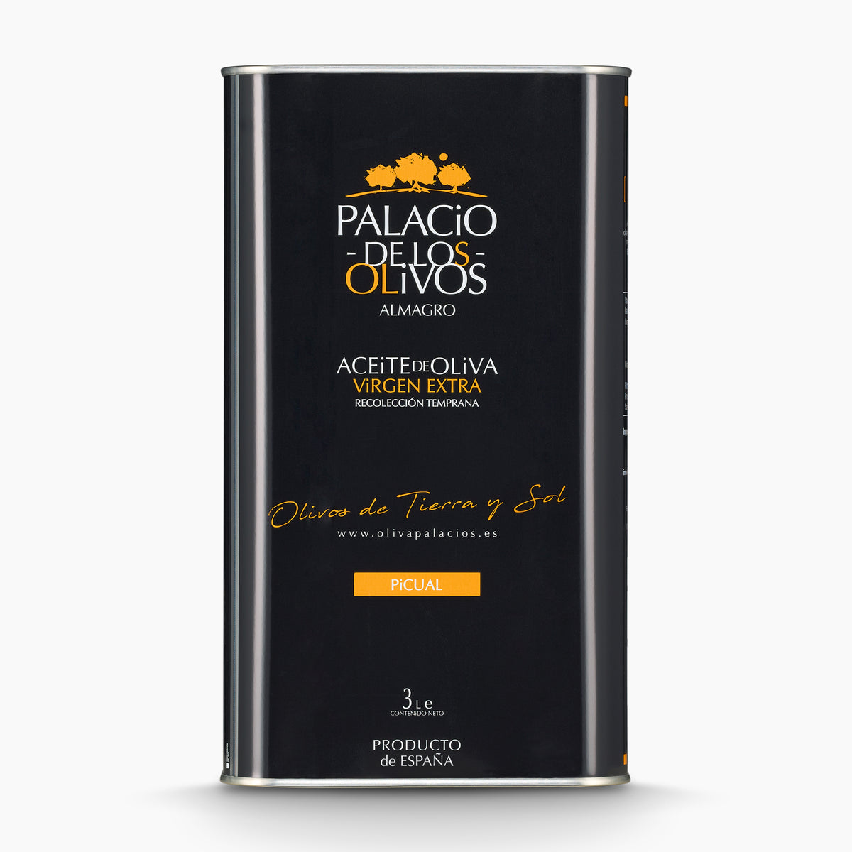 A 3L Tin of Palacio de los Olivos Picual extra virgin olive oil from Castilla-La Mancha, Spain.