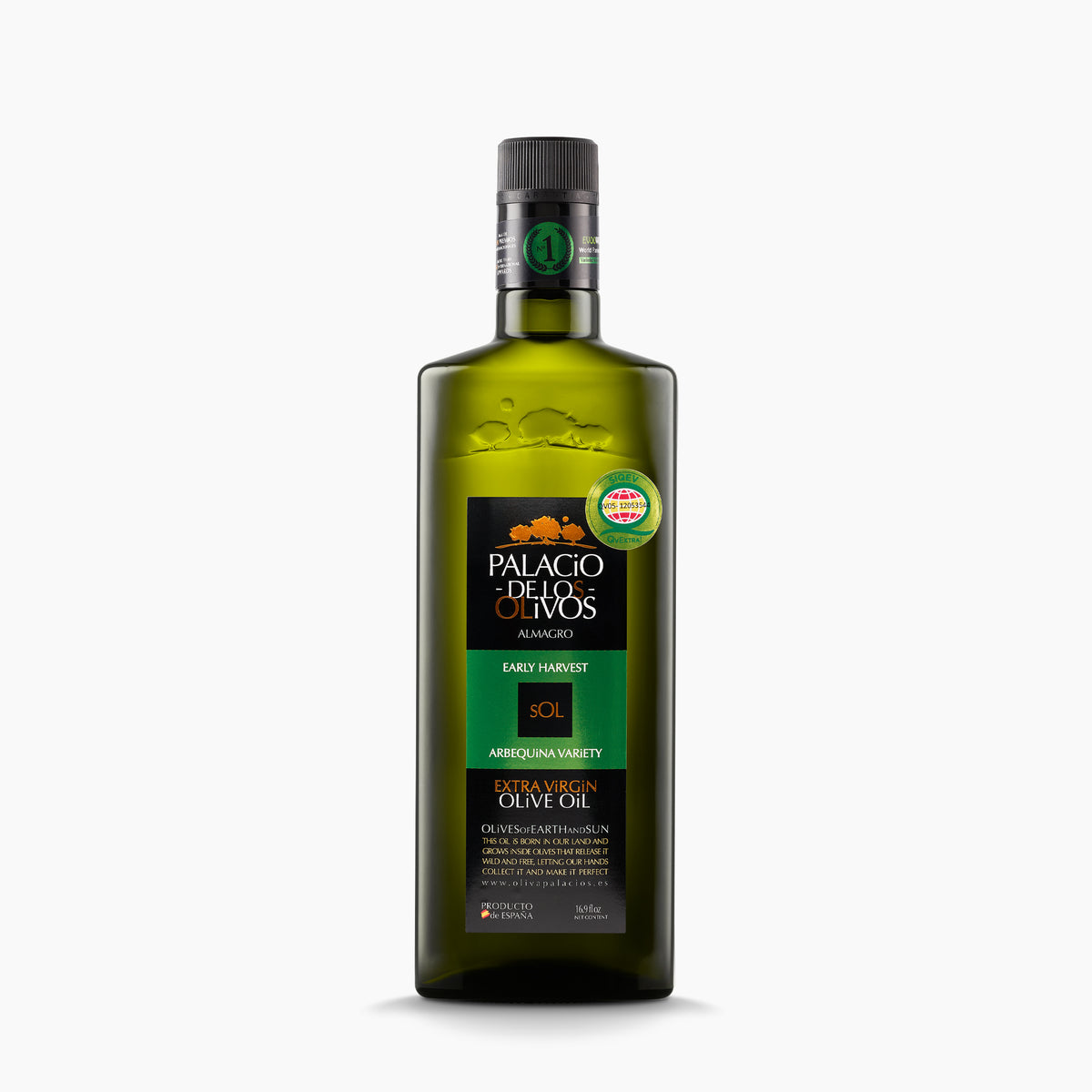 500 ml bottle of Palacio de los Olivos Arbequina extra virgin olive oil.