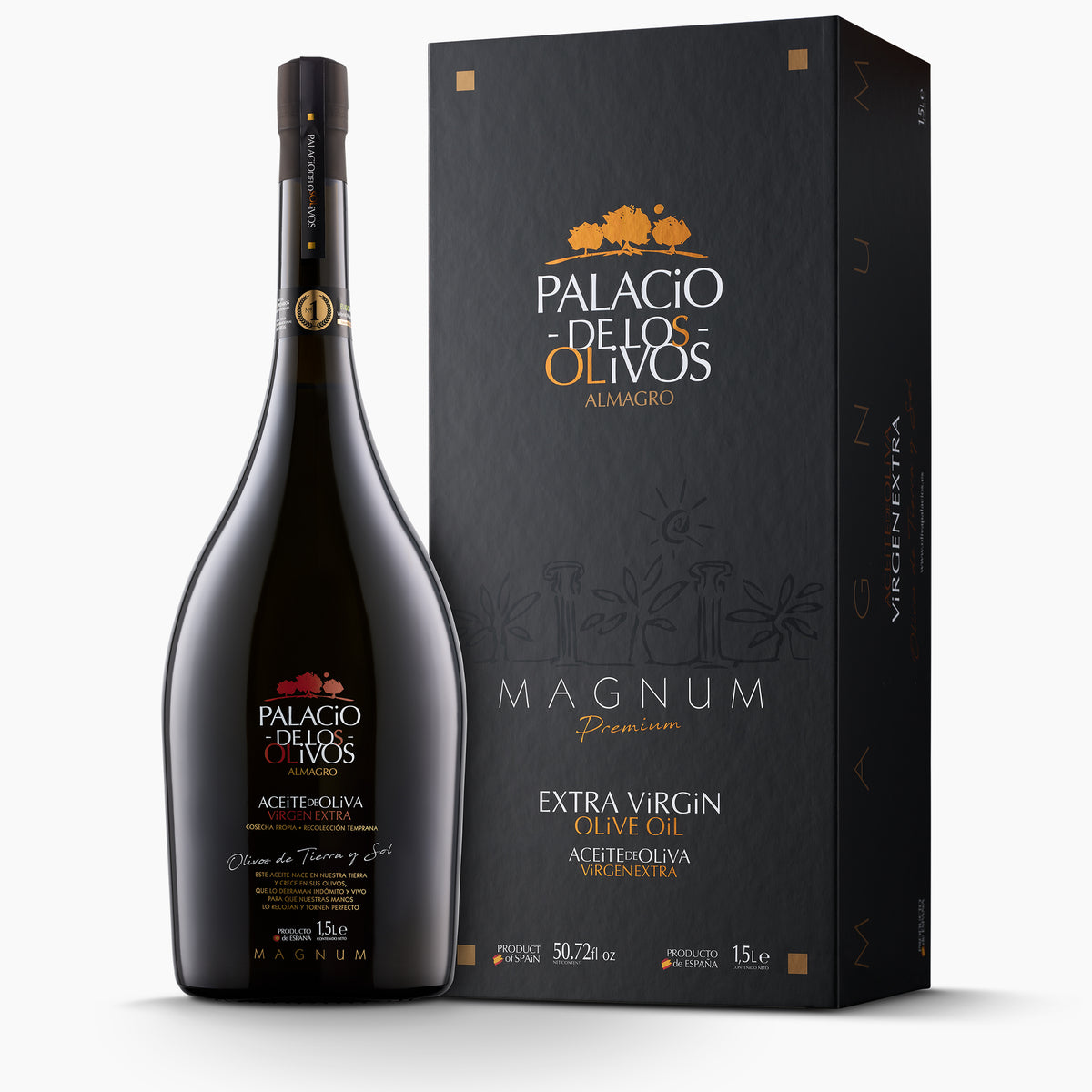 1.5L bottle of Palacio de los Olivos Picual Magnum extra virgin olive oil with its gift box.