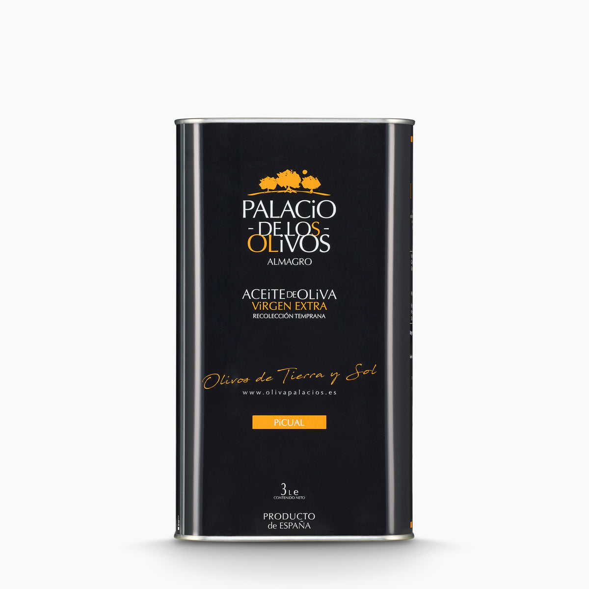 A 3L Tin of Palacio de los Olivos Picual extra virgin olive oil from Castilla-La Mancha, Spain.
