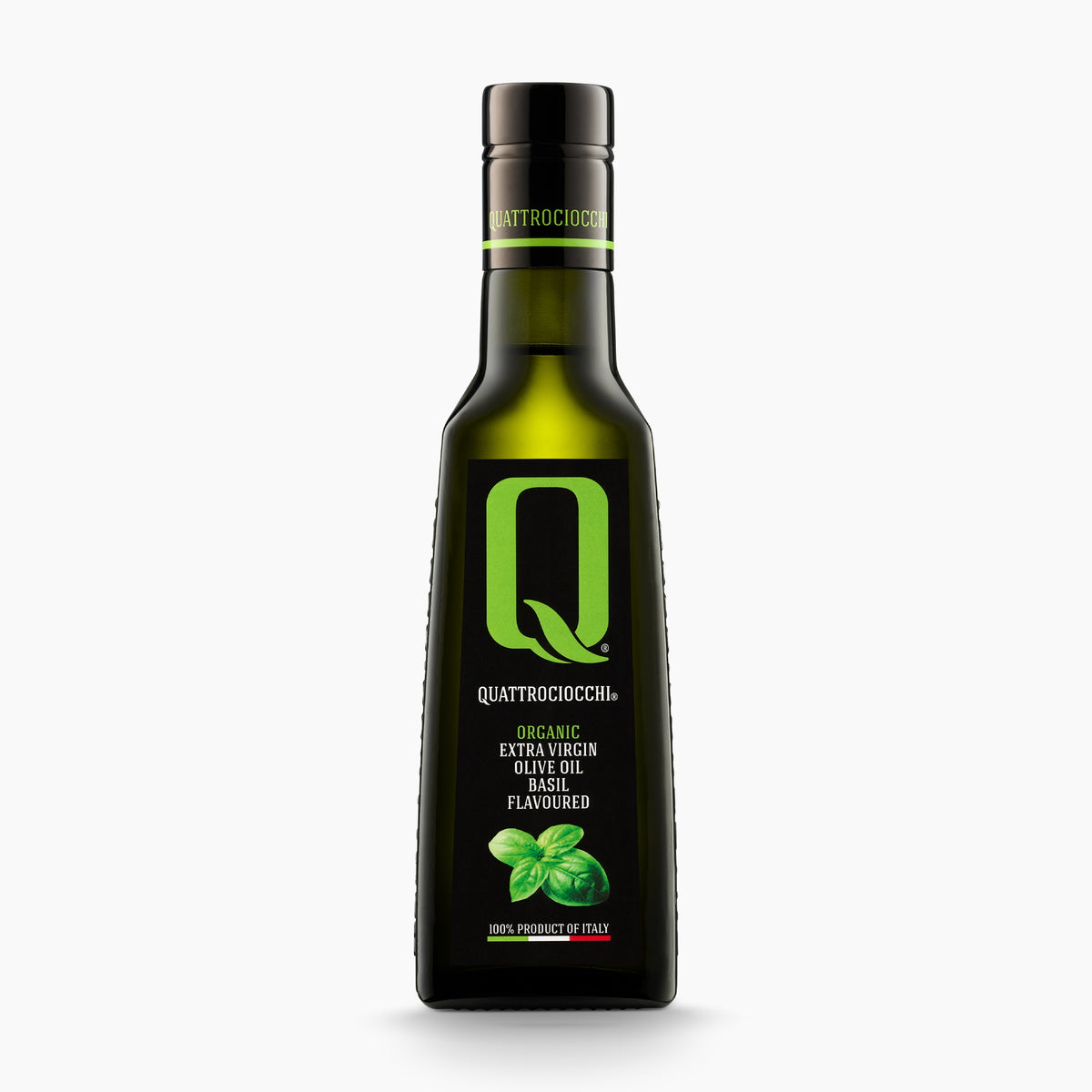 250 ml bottle of Quattrociocchi Basil flavored extra virgin olive oil from Lazio, Italy.