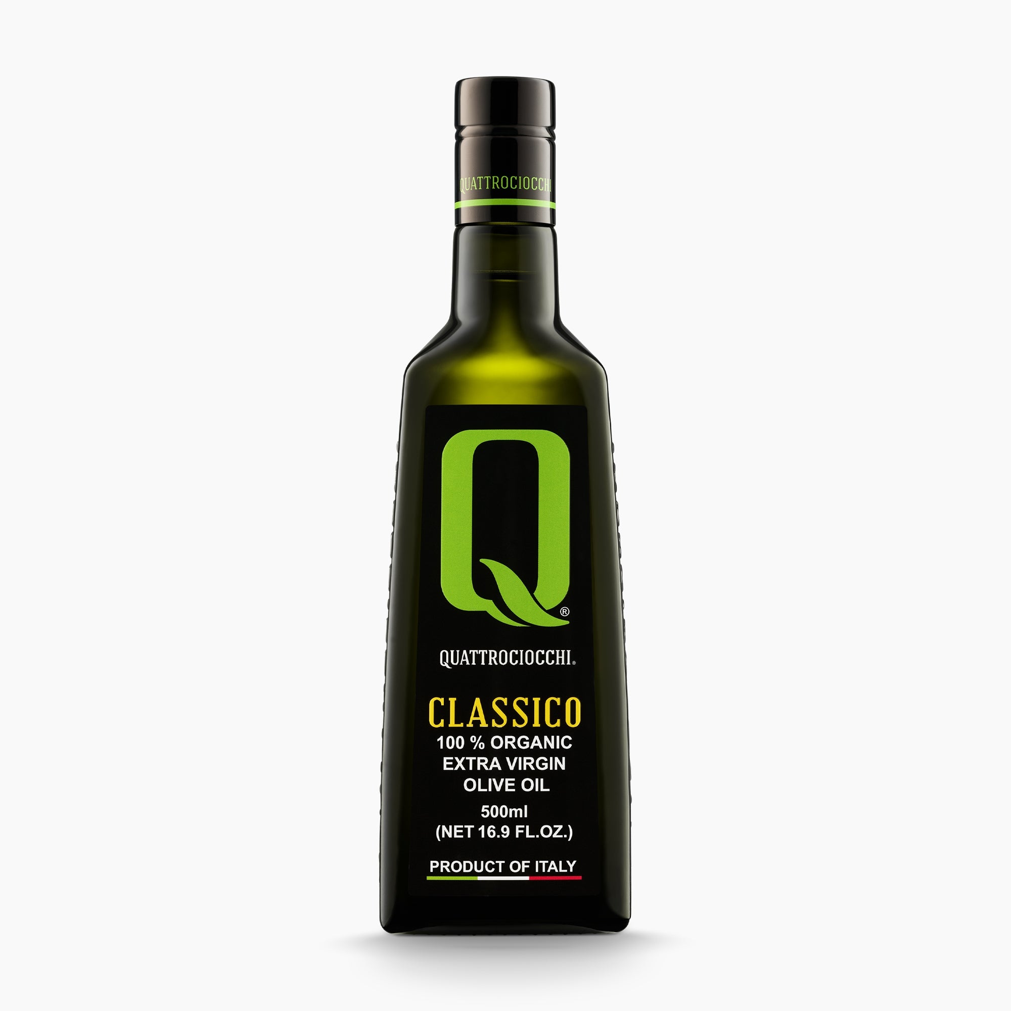 A 500 ml bottle of Quattrociocchi Classico Organic extra virgin olive oil from Lazio, Italy.