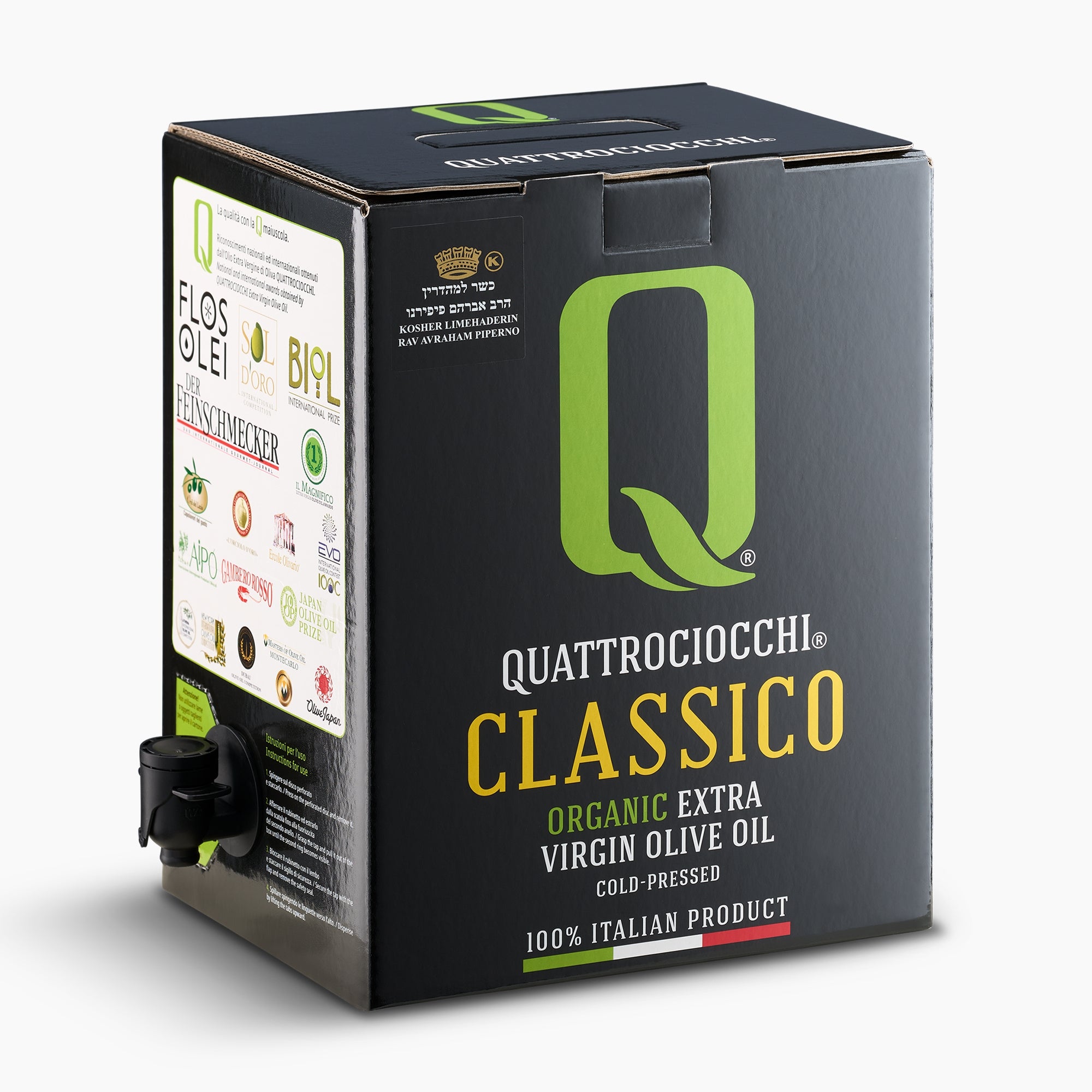 Quattrociocchi Classico Organic 5L bag-in-box from Lazio, Italy, with the dispensing spout extended.