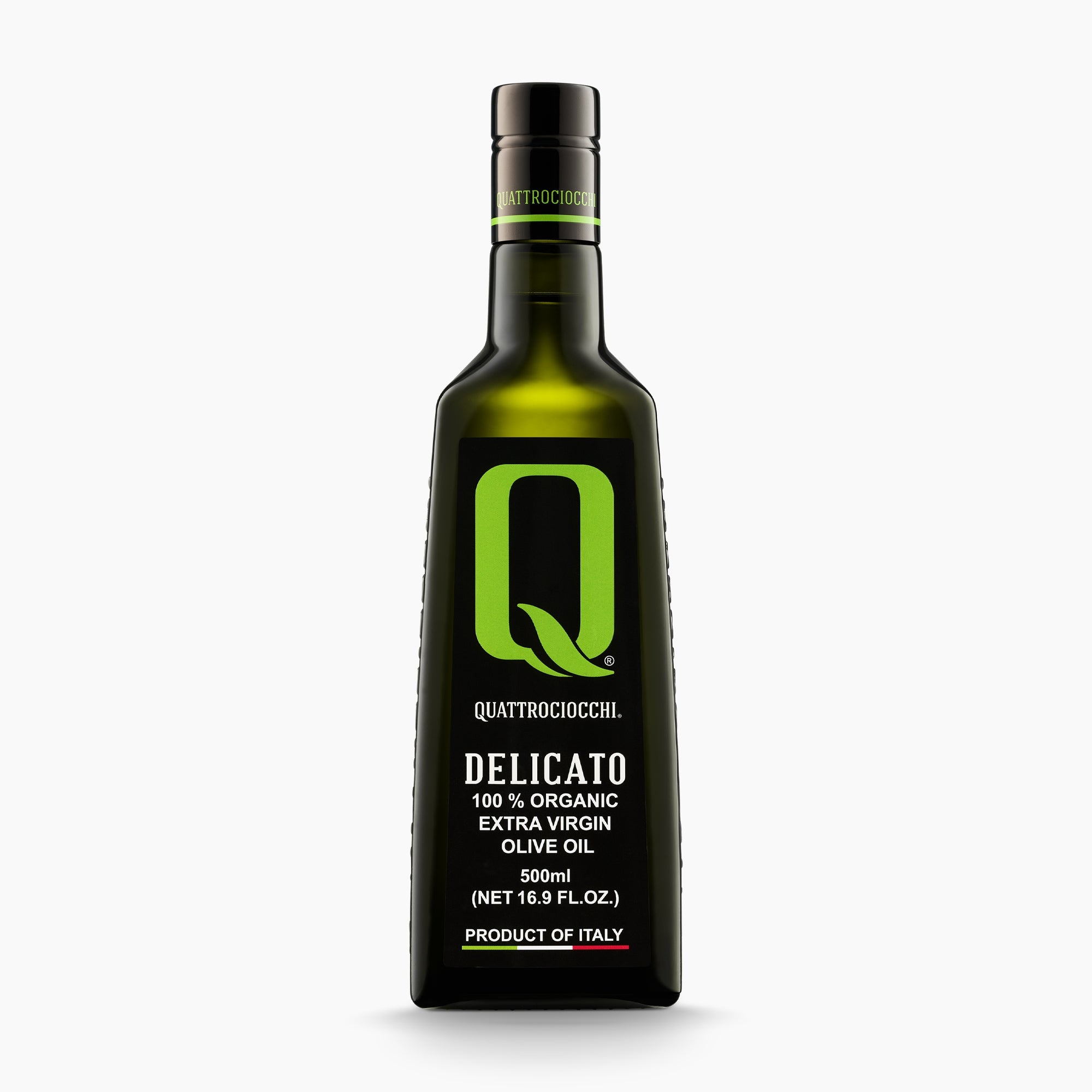 500 ml bottle of Quattrociocchi Delicato Organic extra virgin olive oil from Lazio, Italy.