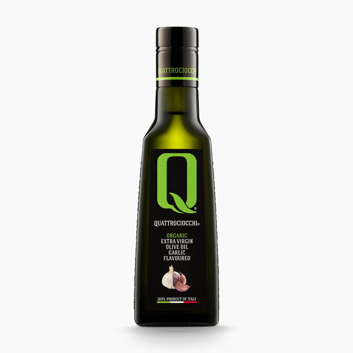A 250 ml bottle of Quattrociocchi Garlic flavored extra virgin olive oil from Lazio, Italy.