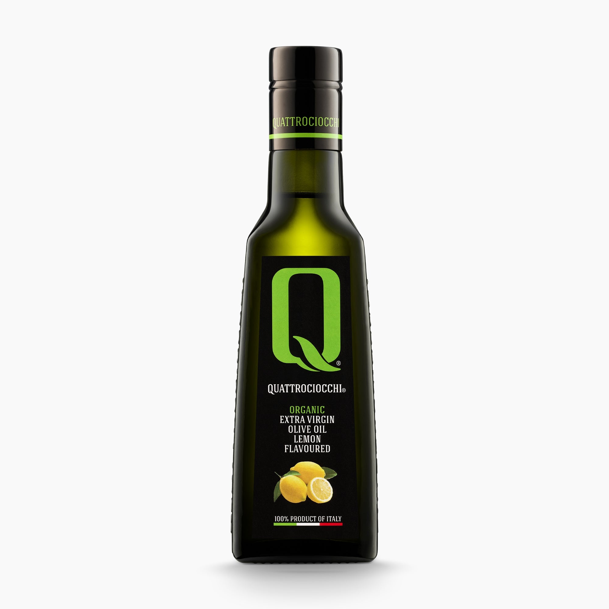 250 ml bottle of Quattrociocchi Lemon flavored extra virgin olive oil from Lazio, Italy.