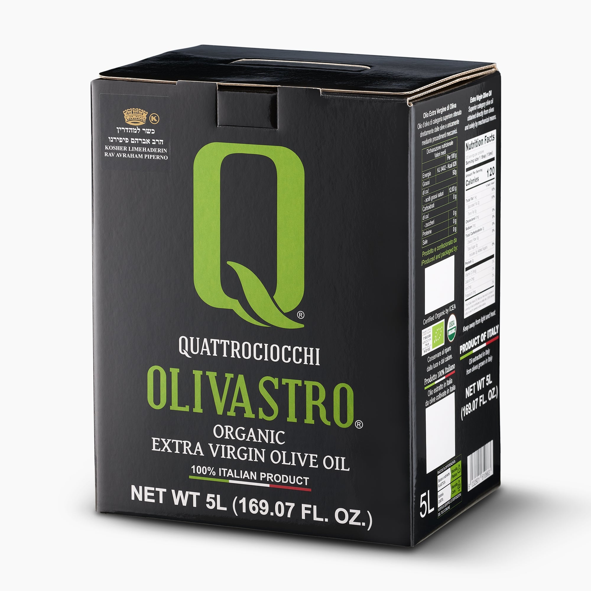 Angled view of Quattrociocchi Olivastro Organic 5L bag-in-box.