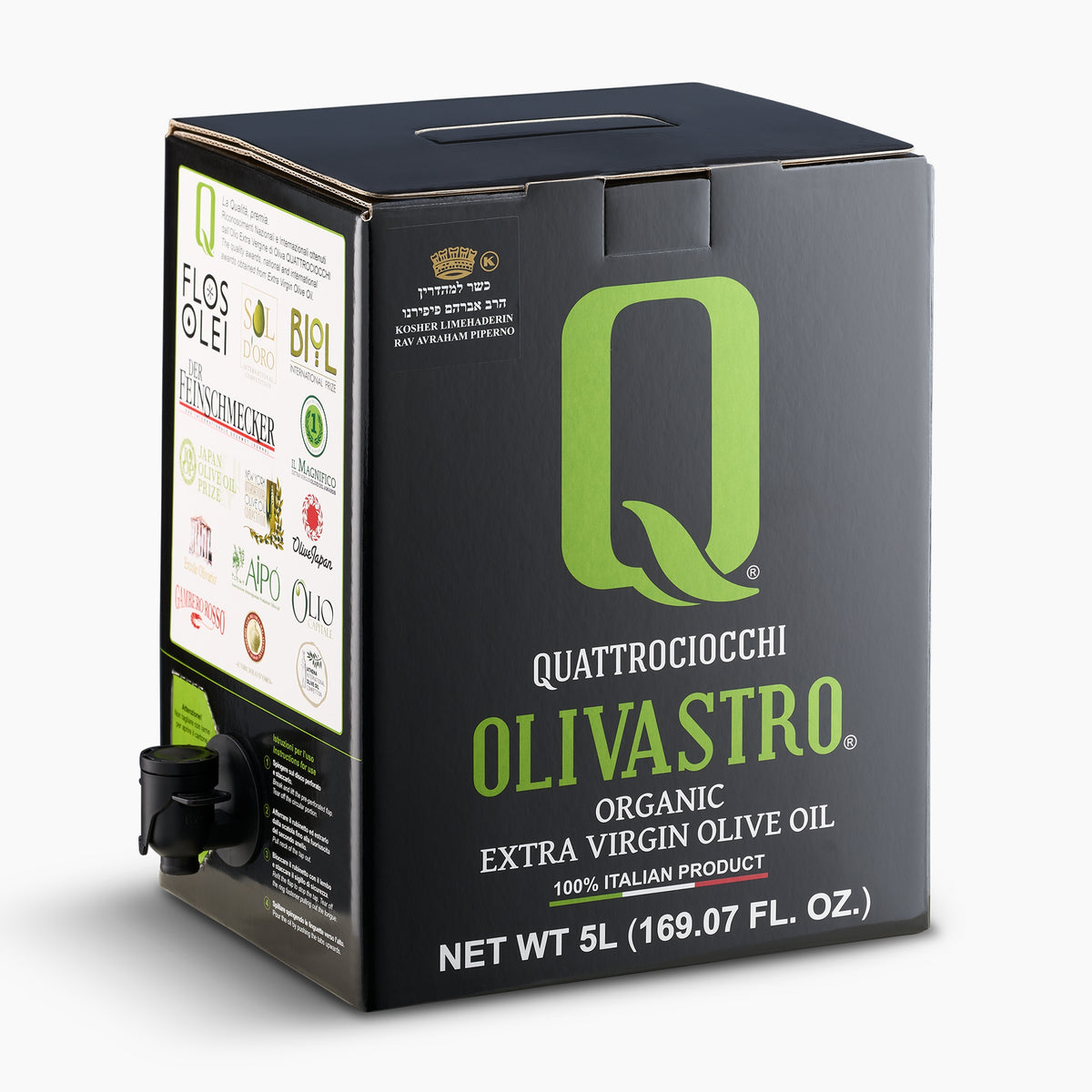 Quattrociocchi Olivastro Organic 5L bag-in-box from Lazio, Italy, with the dispensing spout extended.