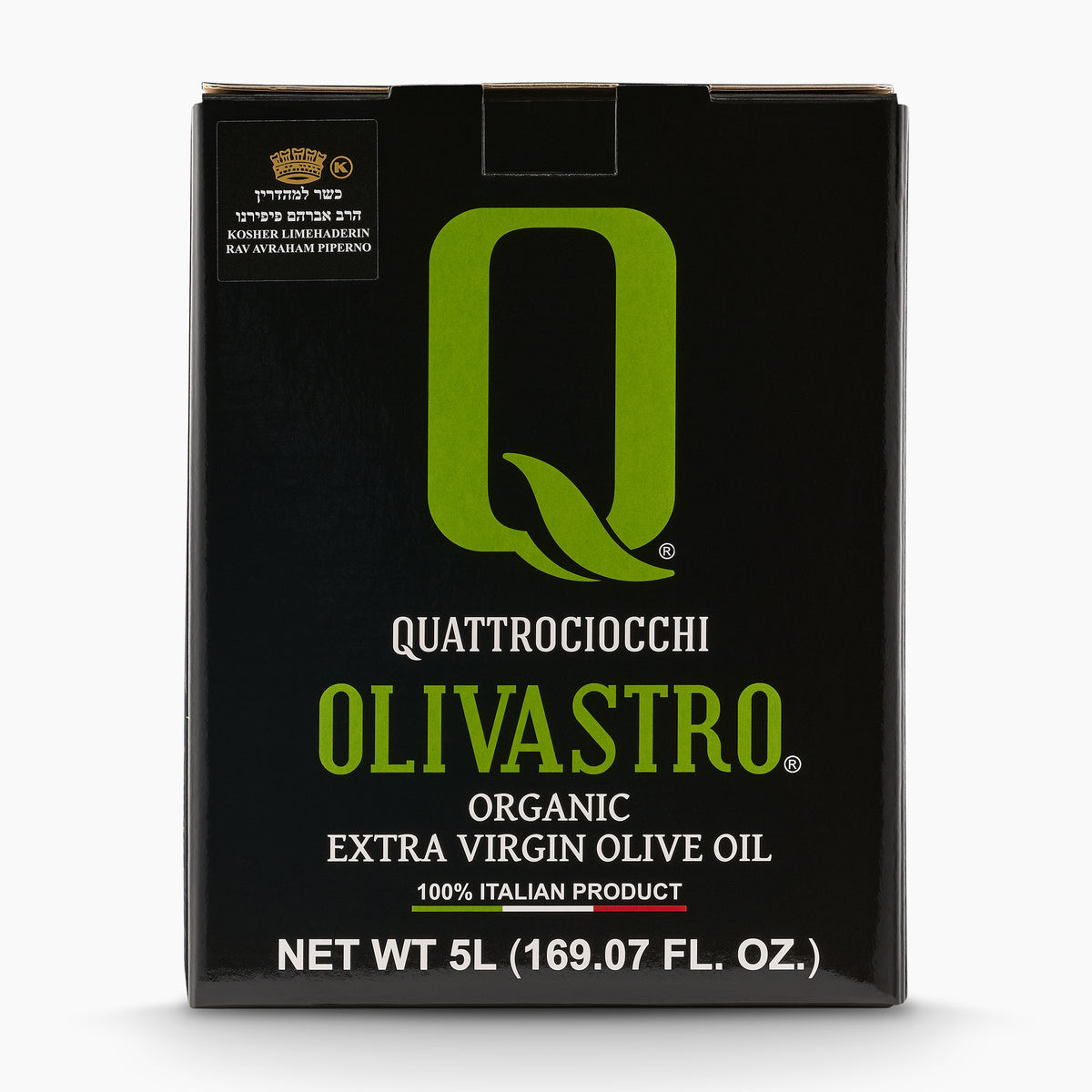 Front view of Quattrociocchi Olivastro Organic 5L bag-in-box extra virgin olive oil from Lazio, Italy.