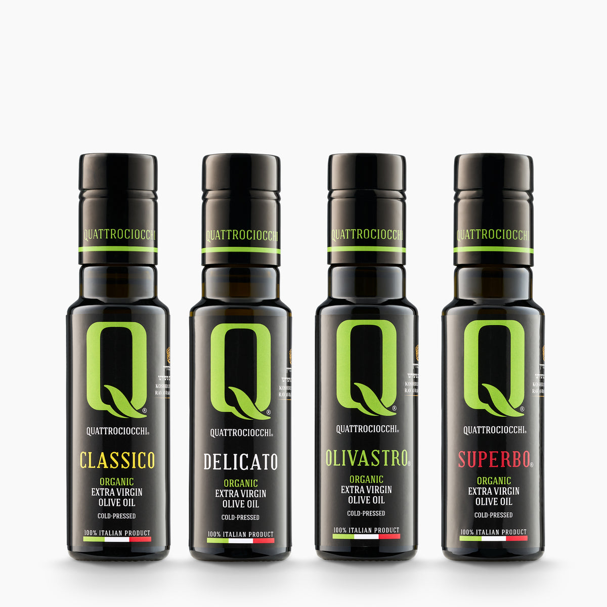 Quattrociocchi Organic Mini Quattro set with four 100 ml olive oil bottles: Classico, Delicato, Olivastro, and Superbo.