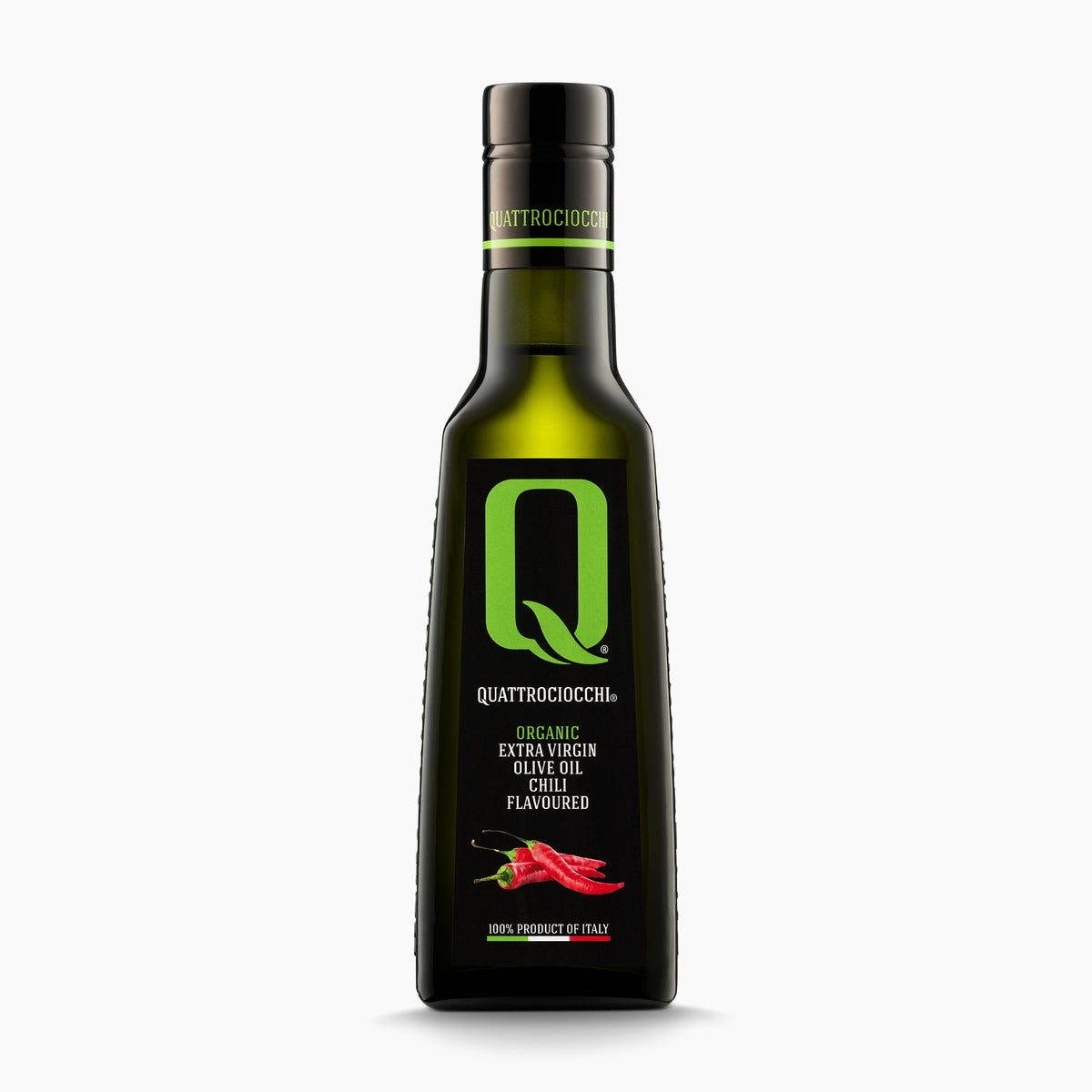 250 ml bottle of Quattrociocchi Peperoncino flavored extra virgin olive oil from Lazio, Italy.