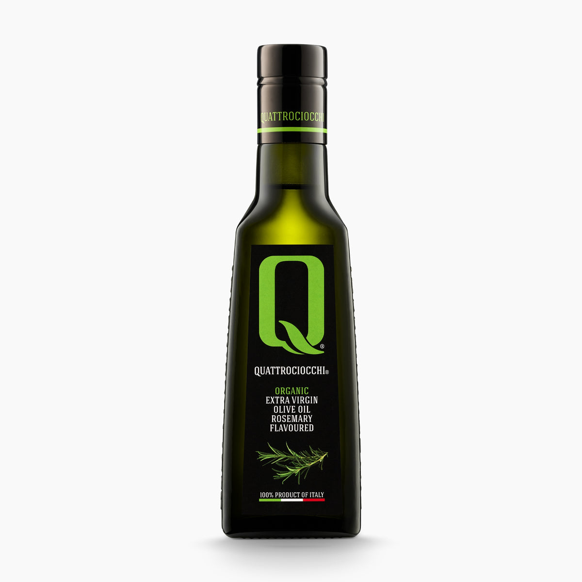 250 ml bottle of Quattrociocchi Rosemary flavored extra virgin olive oil from Lazio, Italy.
