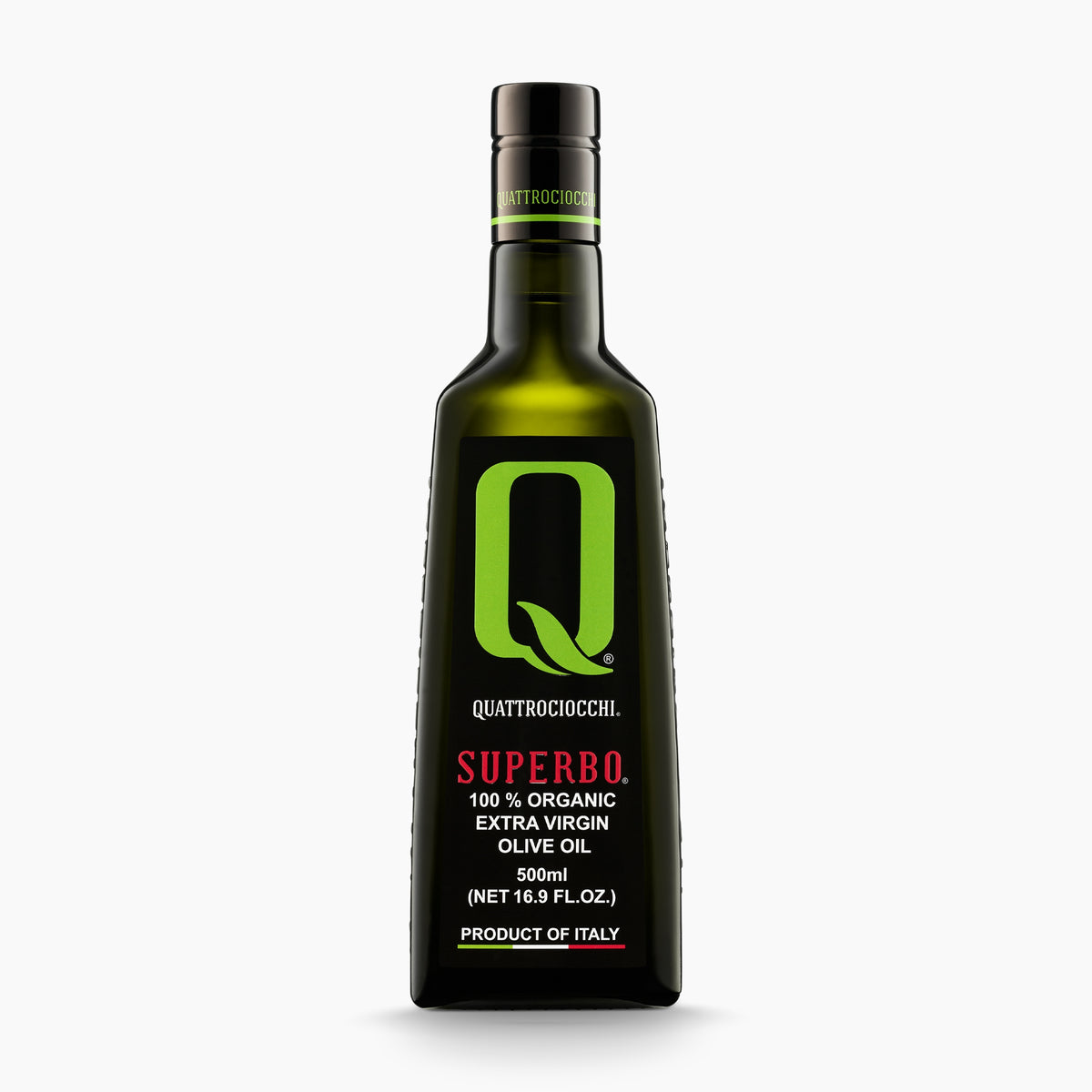 Quattrociocchi Superbo Organic extra virgin olive oil in a 500 ml dark glass bottle.