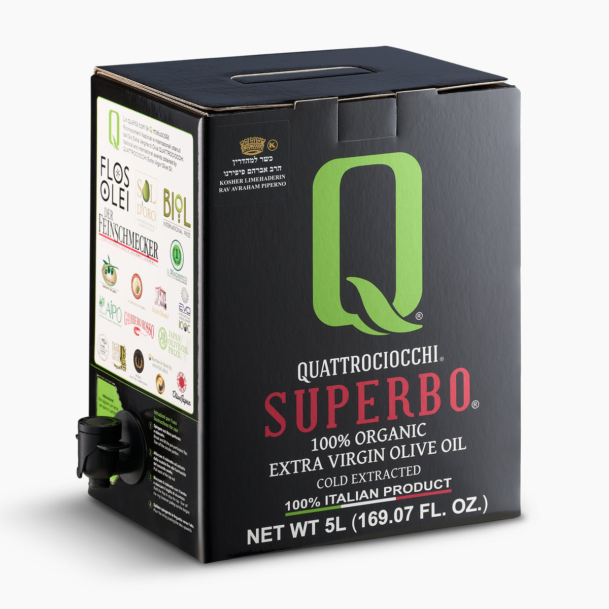 Quattrociocchi Superbo Organic 5L bag-in-box from Lazio, Italy, with the dispensing spout extended.