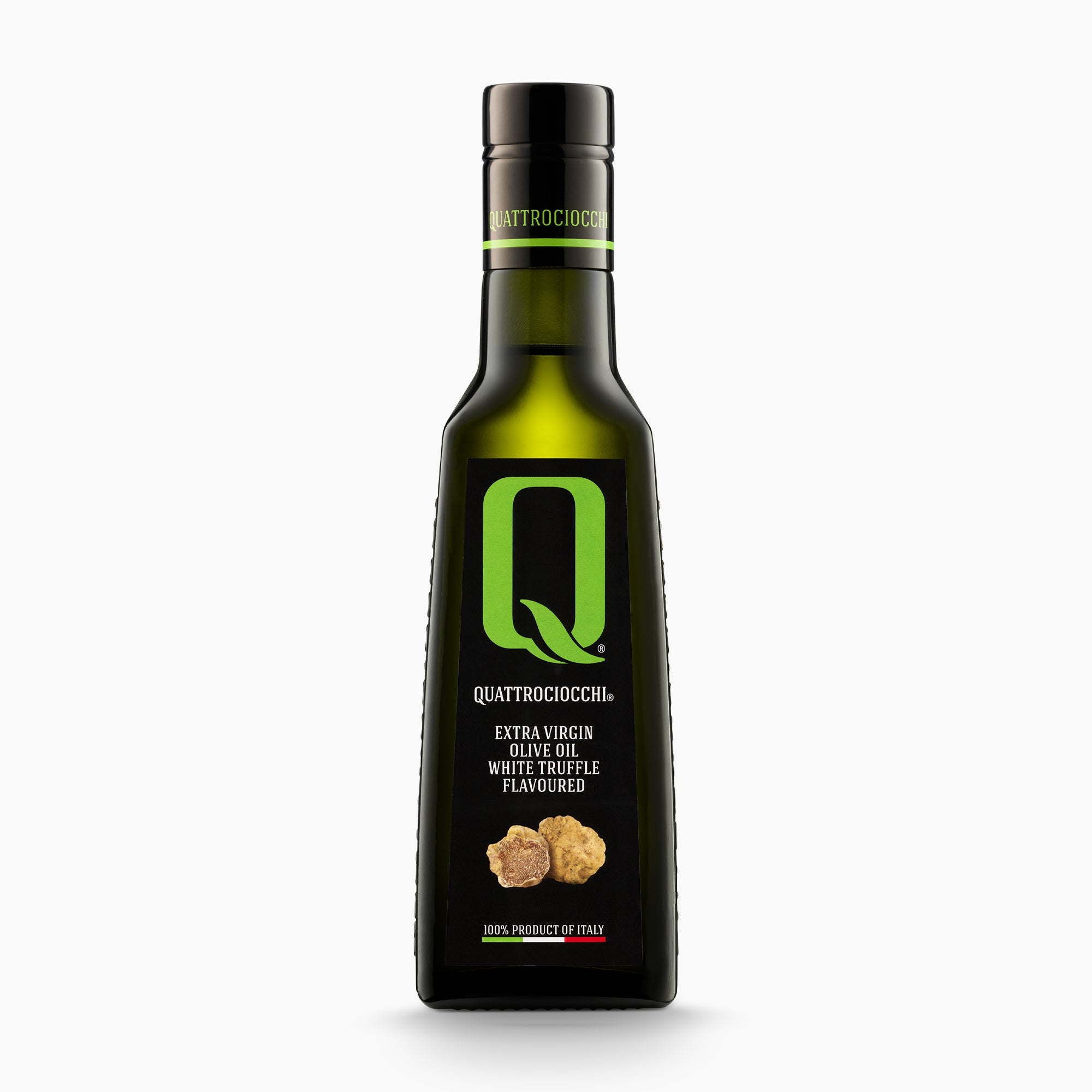 250 ml bottle of Quattrociocchi Truffle flavored extra virgin olive oil from Lazio, Italy.