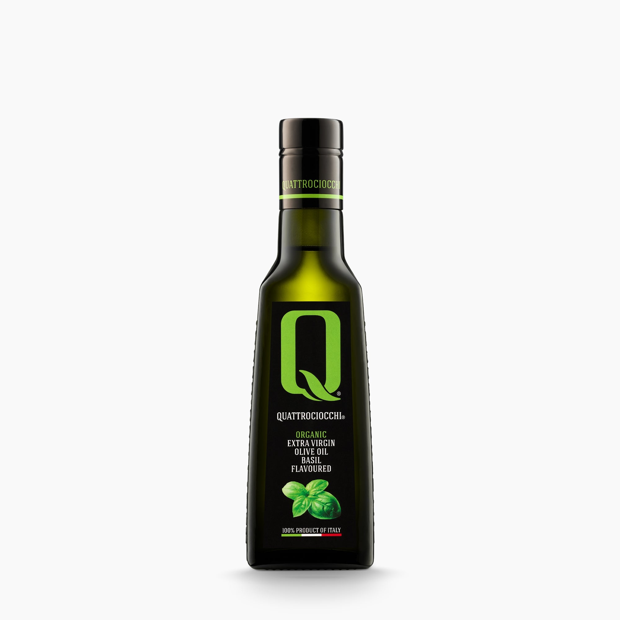 250 ml bottle of Quattrociocchi Basil flavored extra virgin olive oil from Lazio, Italy.