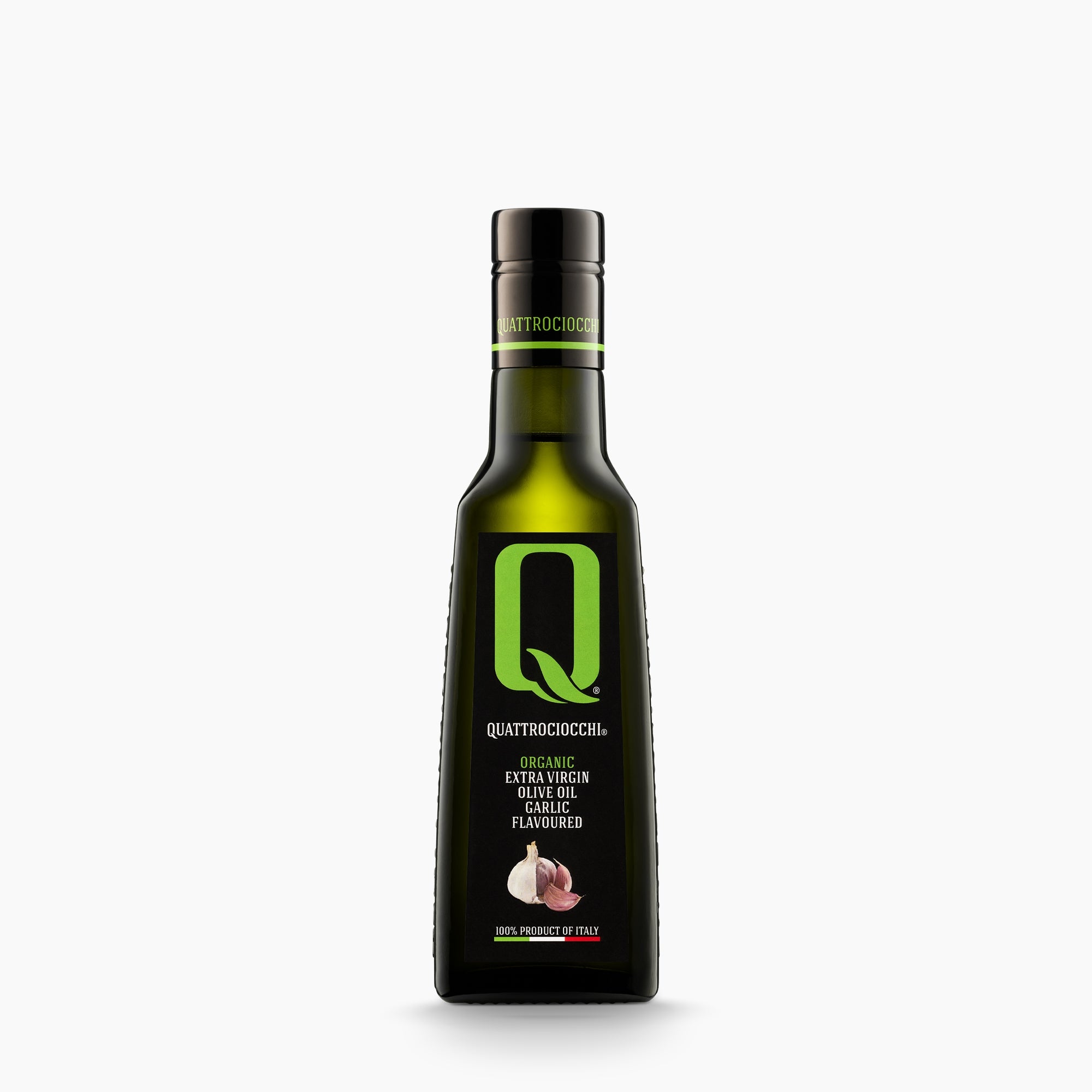 A 250 ml bottle of Quattrociocchi Garlic flavored extra virgin olive oil from Lazio, Italy.