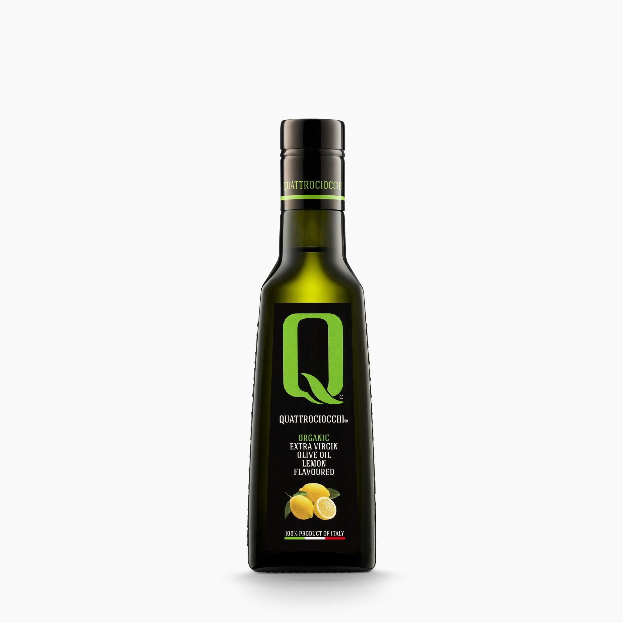 250 ml bottle of Quattrociocchi Lemon flavored extra virgin olive oil from Lazio, Italy.
