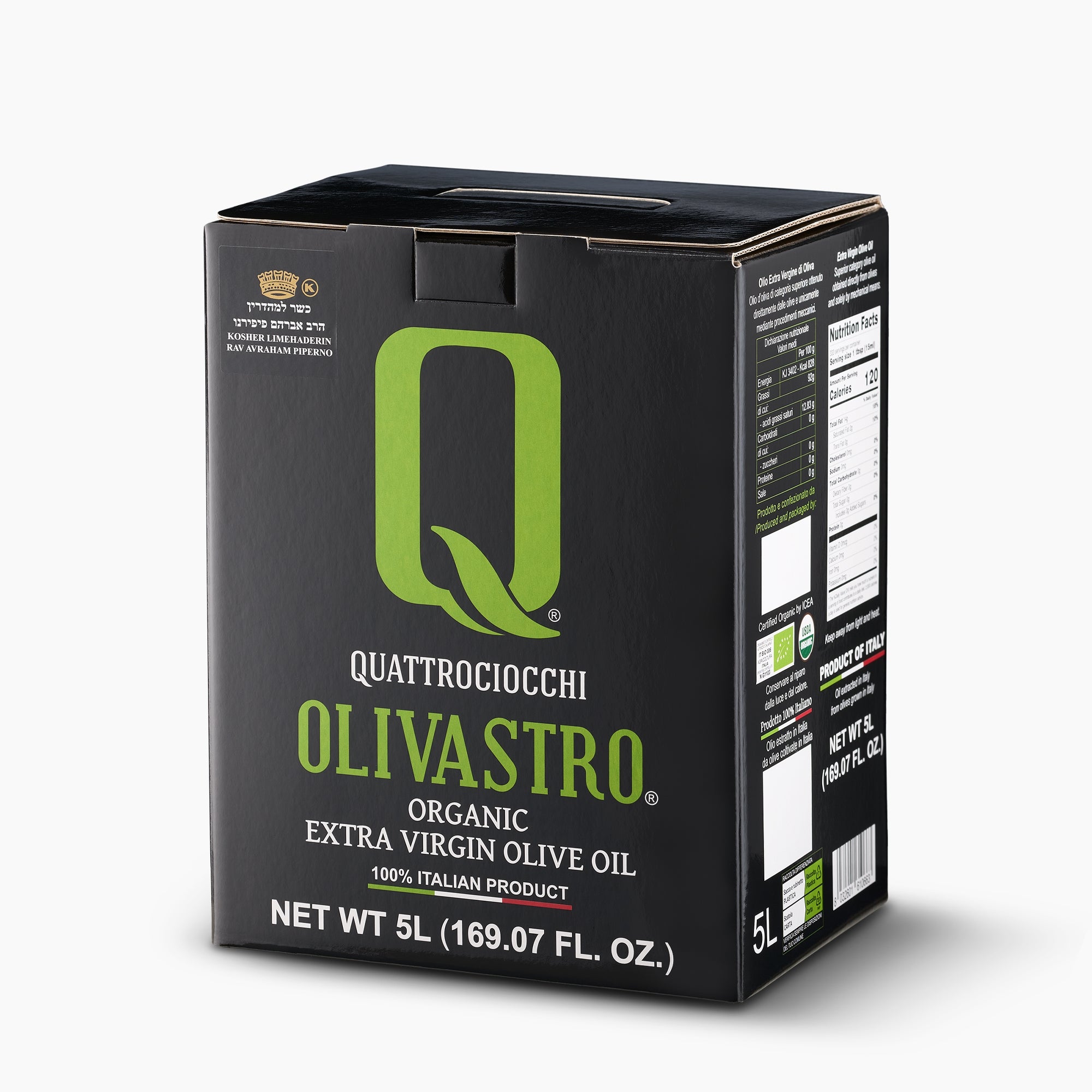 Angled view of Quattrociocchi Olivastro Organic 5L bag-in-box.