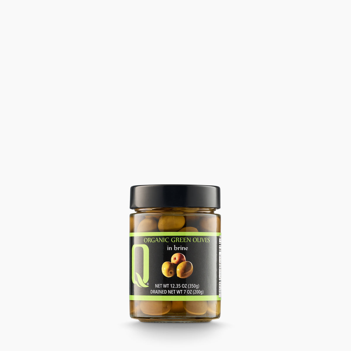 350g jar of Quattrociocchi Organic Green Itrana Olives from Italy.