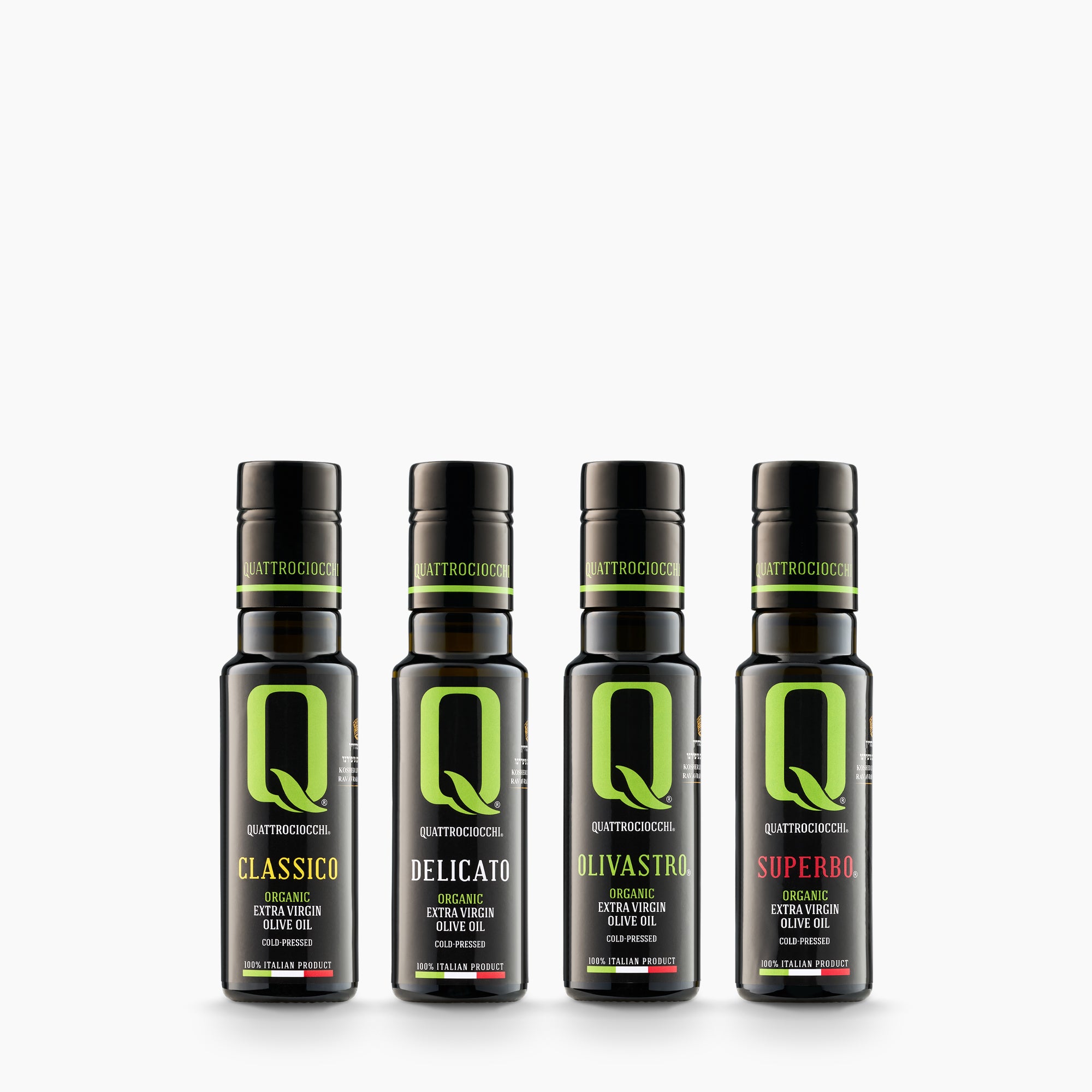 Quattrociocchi Organic Mini Quattro set with four 100 ml olive oil bottles: Classico, Delicato, Olivastro, and Superbo.
