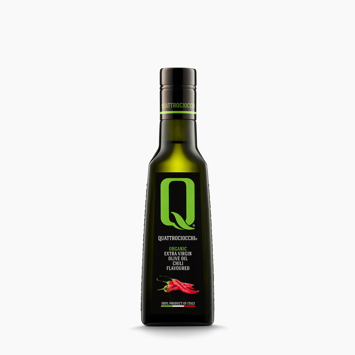 250 ml bottle of Quattrociocchi Peperoncino flavored extra virgin olive oil from Lazio, Italy.