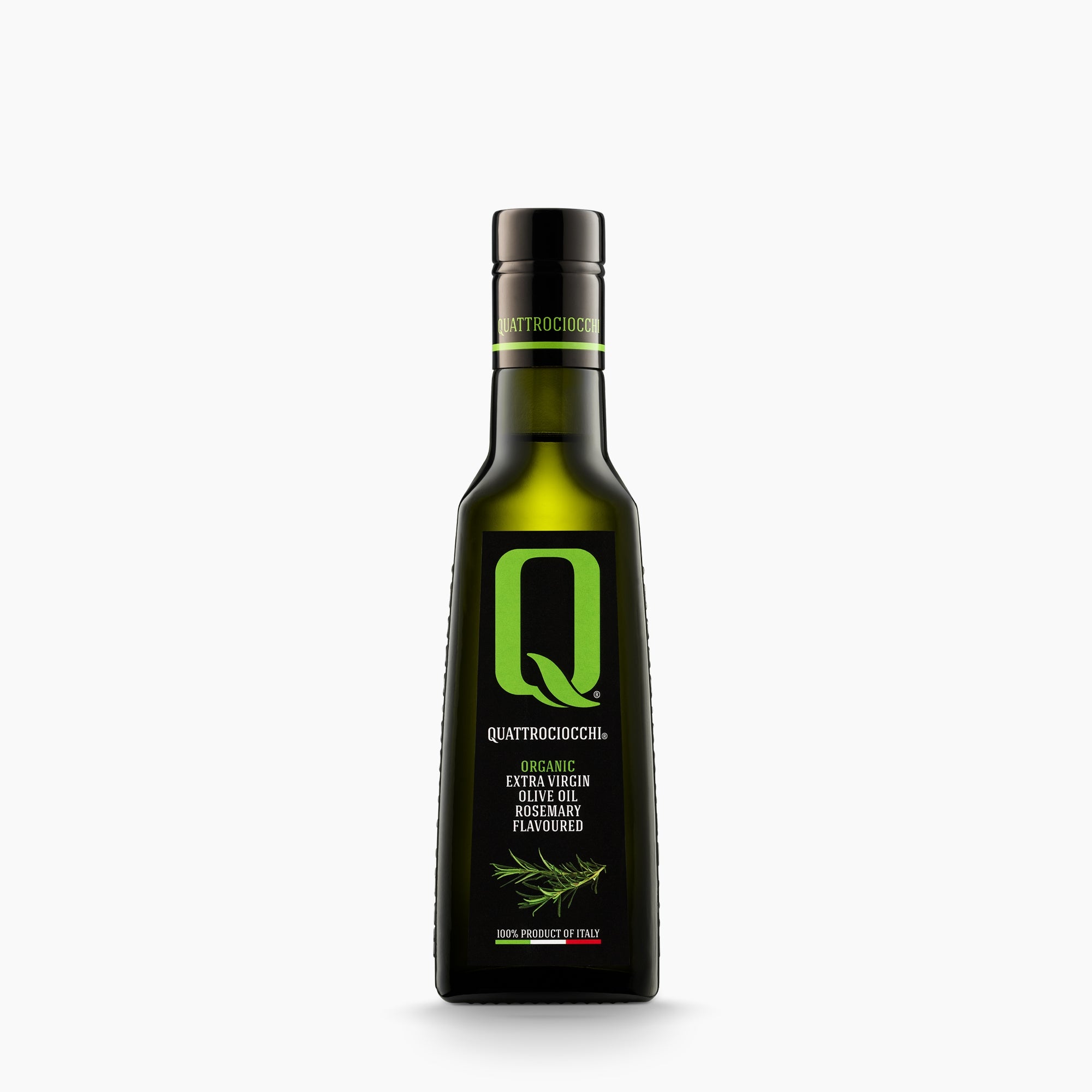 250 ml bottle of Quattrociocchi Rosemary flavored extra virgin olive oil from Lazio, Italy.