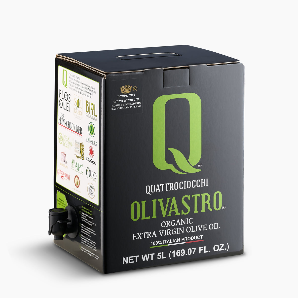 Quattrociocchi Olivastro Organic 5L bag-in-box from Lazio, Italy, with the dispensing spout extended.