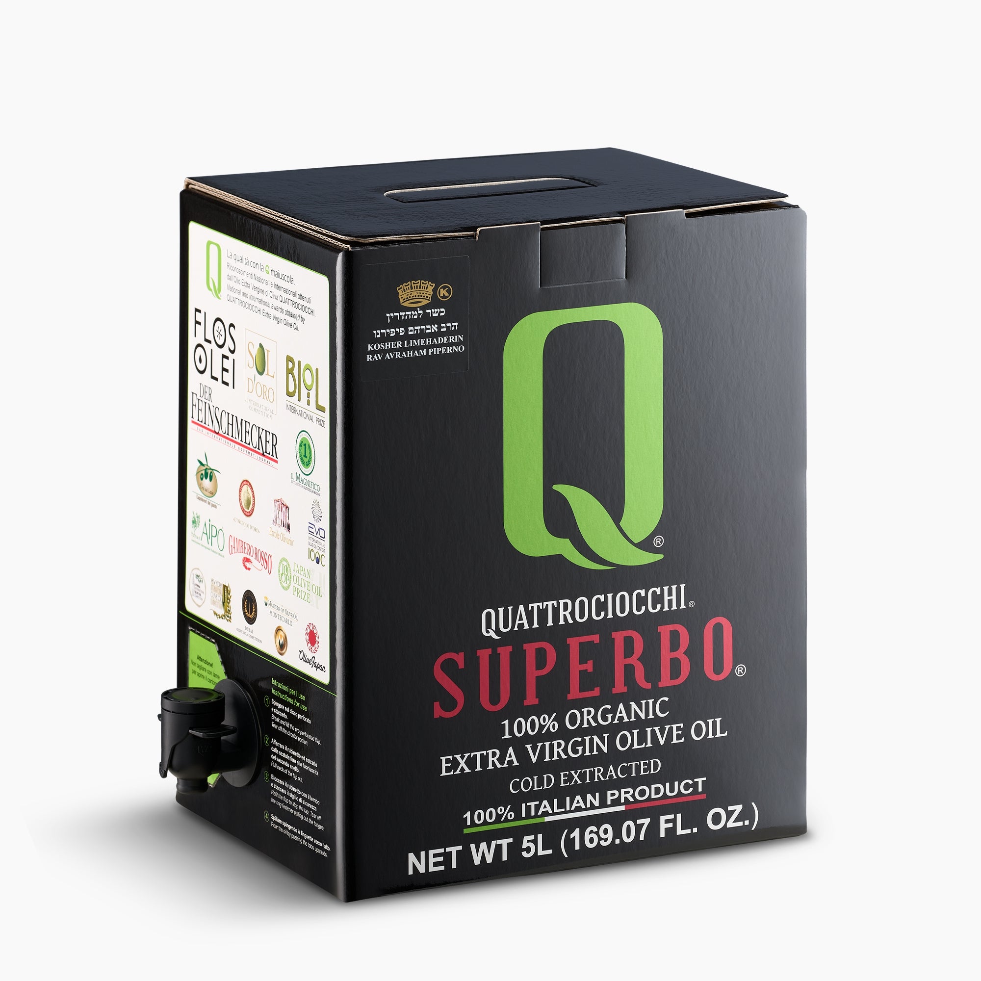 Quattrociocchi Superbo Organic 5L bag-in-box from Lazio, Italy, with the dispensing spout extended.