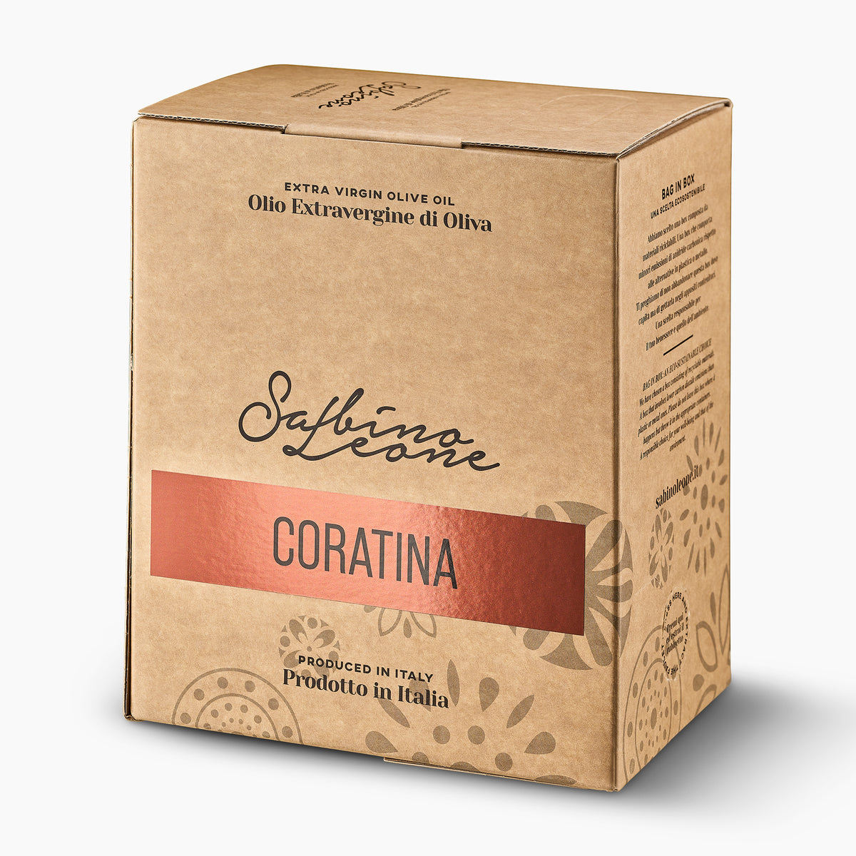 Angled view of Sabino Leone Coratina 5L Bag-in-Box from Puglia, Italy.