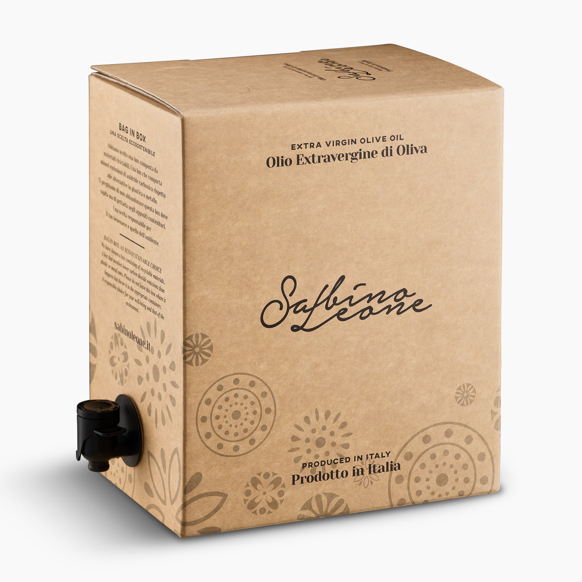 Sabino Leone Coratina 5L Bag-in-Box extra virgin olive oil with dispensing spout extended.