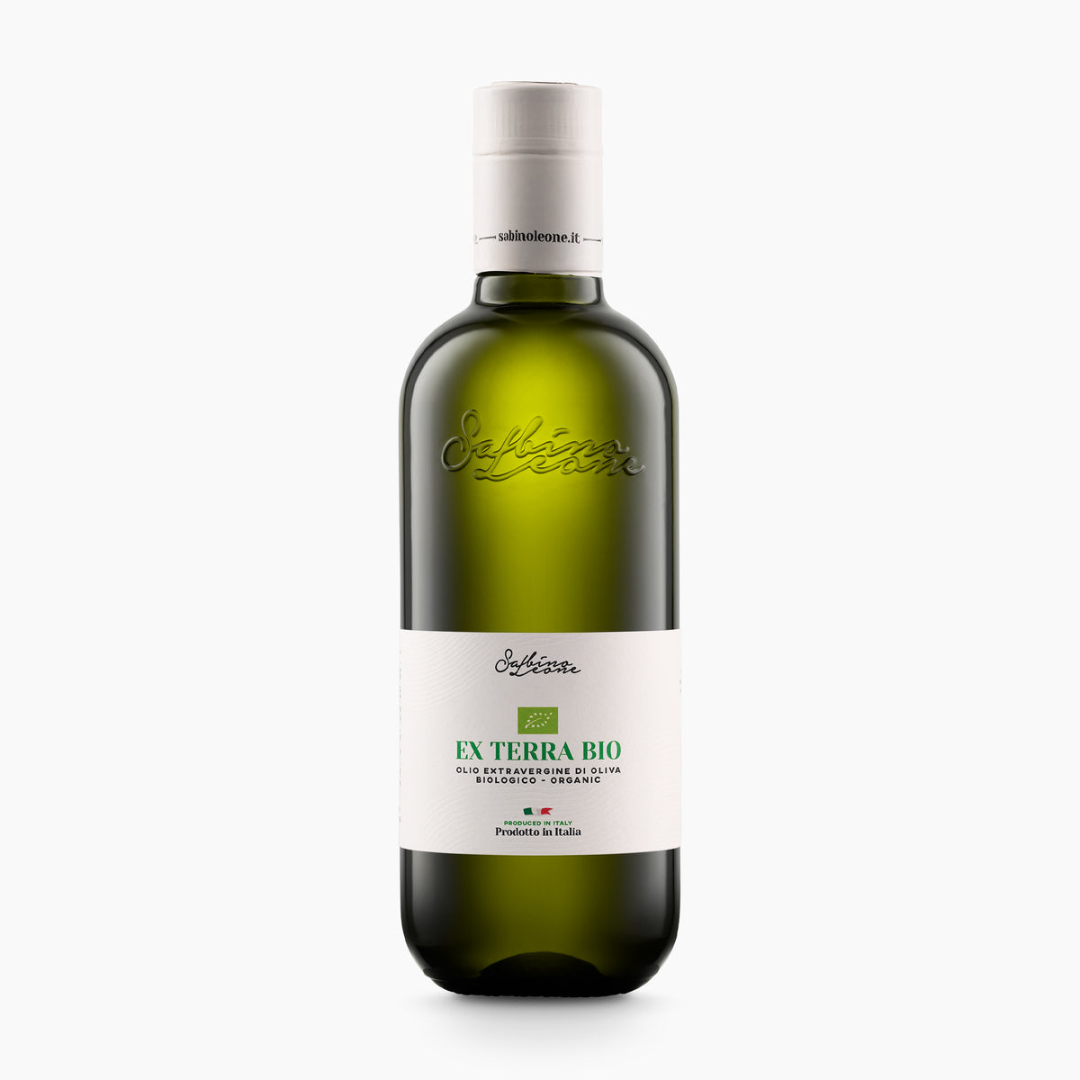 A 500 ml bottle of Sabino Leone Ex Terra Organic extra virgin olive oil from Puglia, Italy.