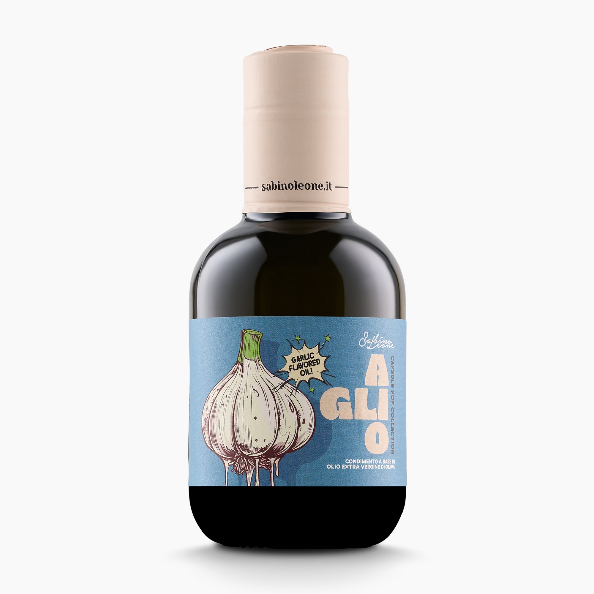250 ml bottle of Sabino Leone Garlic flavored extra virgin olive oil.