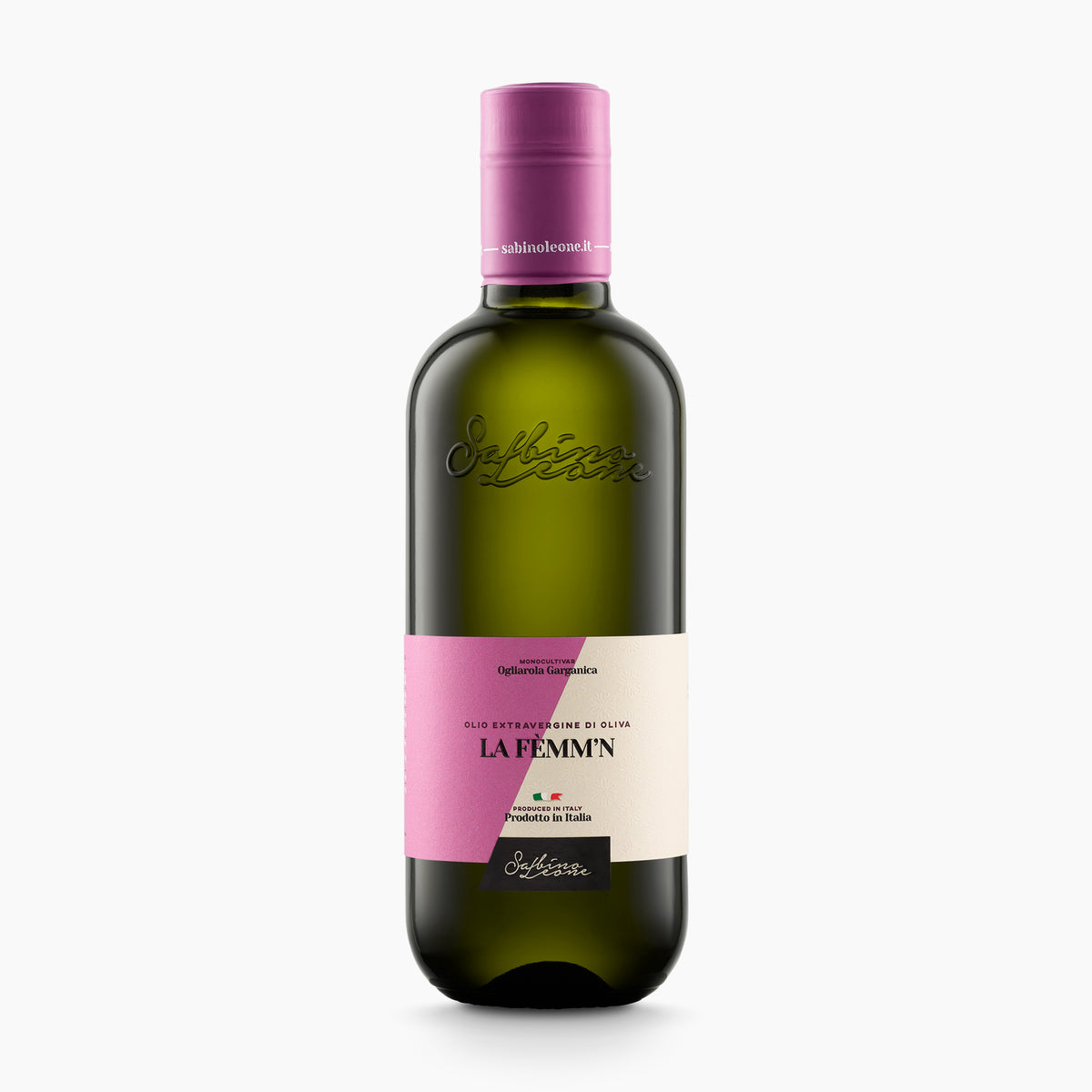 500 ml bottle of Sabino Leone La Femm'n extra virgin olive oil.
