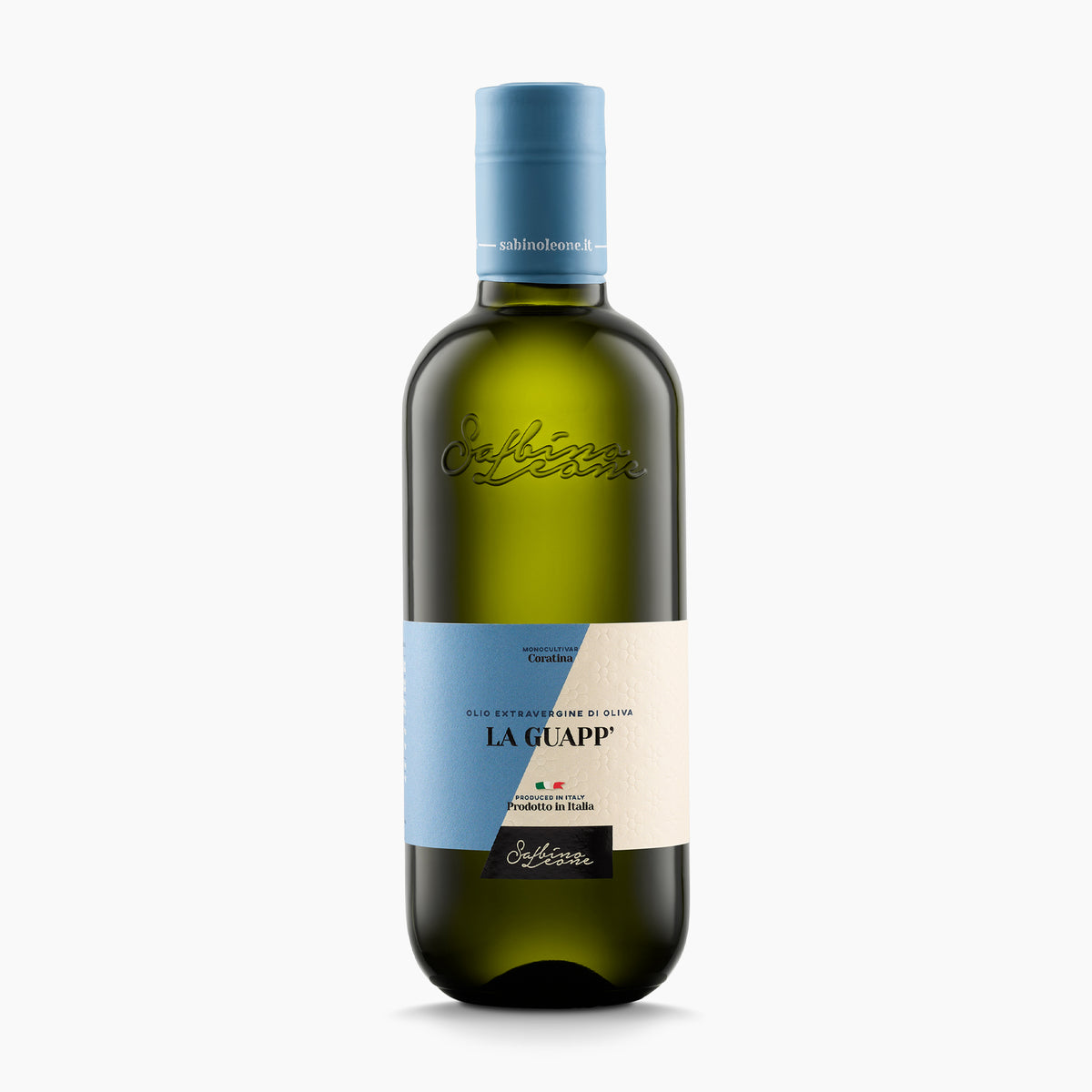 500 ml bottle of Sabino Leone La Guapp extra virgin olive oil from Puglia, Italy.