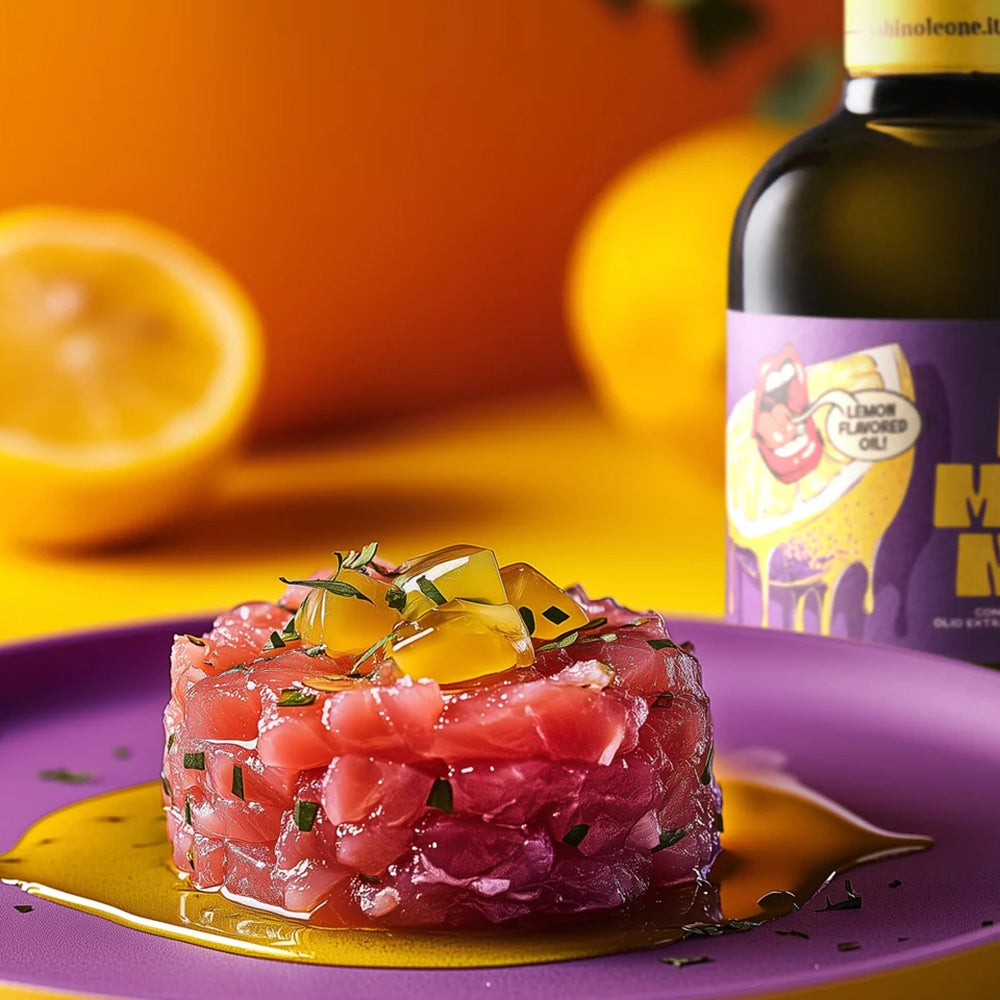 Tuna tartare garnished with herbs, and drizzled with Sabino Leone Lemon olive oil.