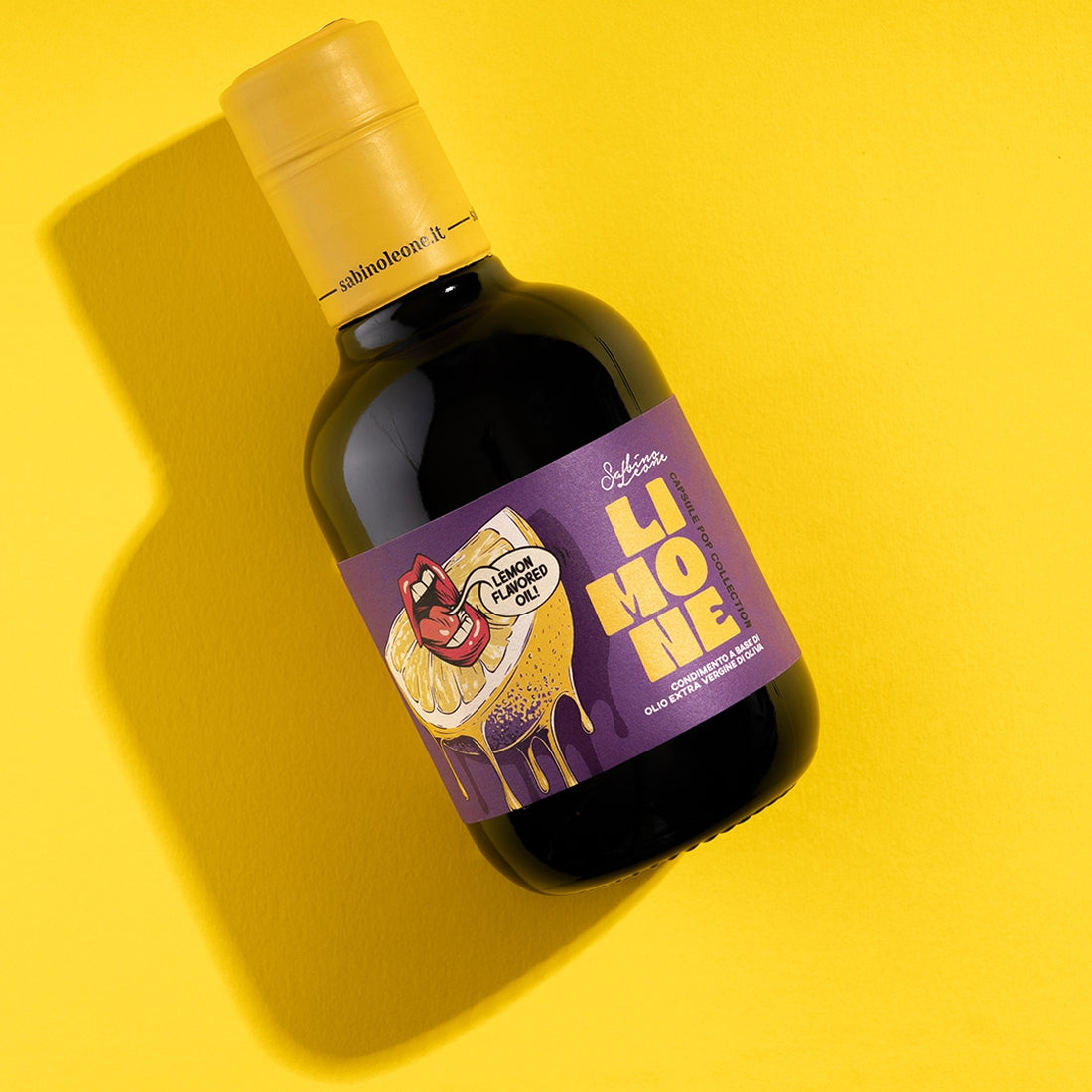 Sabino Leone Lemon 250 ml bottle on a bright yellow surface.