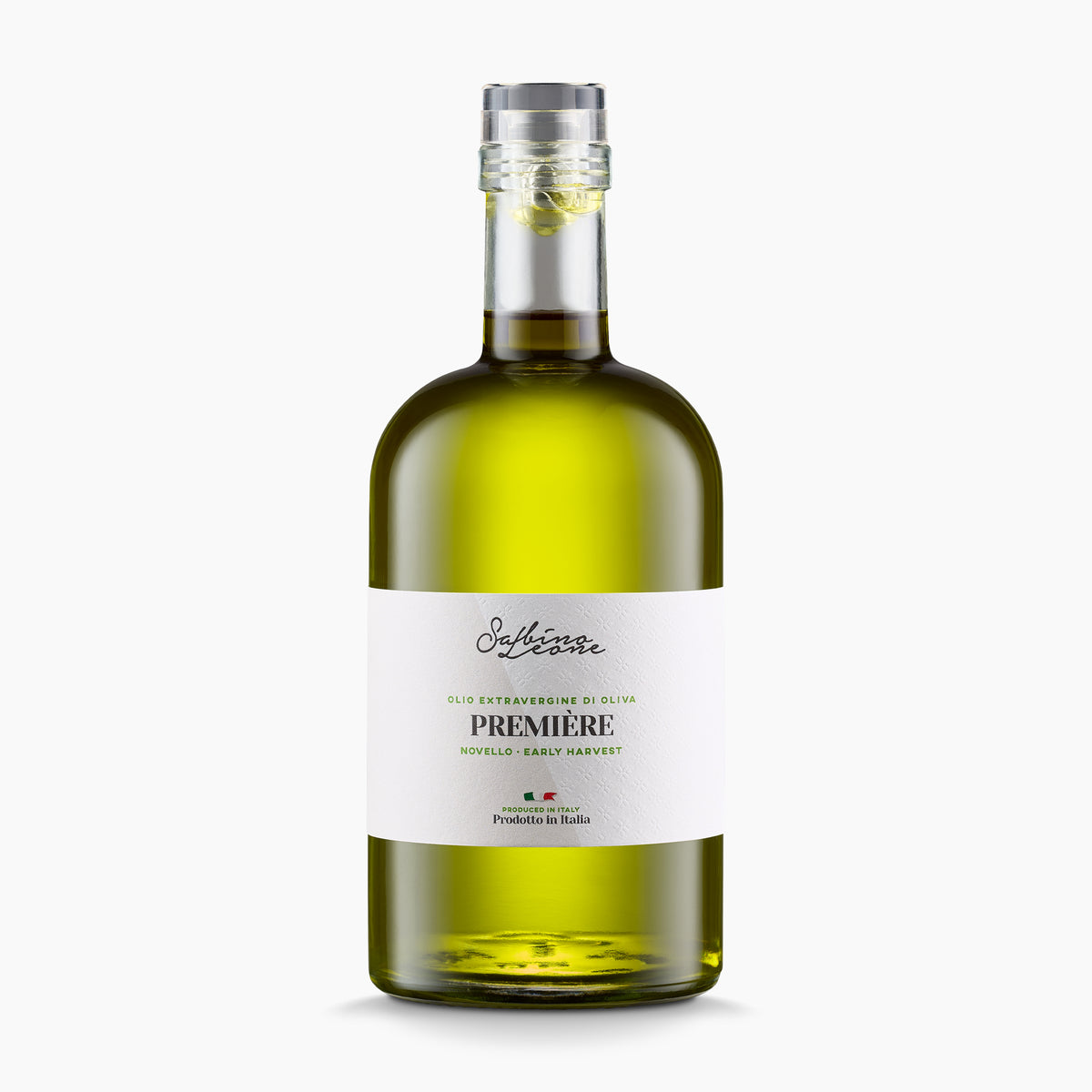 A 500 ml bottle of Sabino Leone Première extra virgin Novello olive oil from Puglia, Italy.