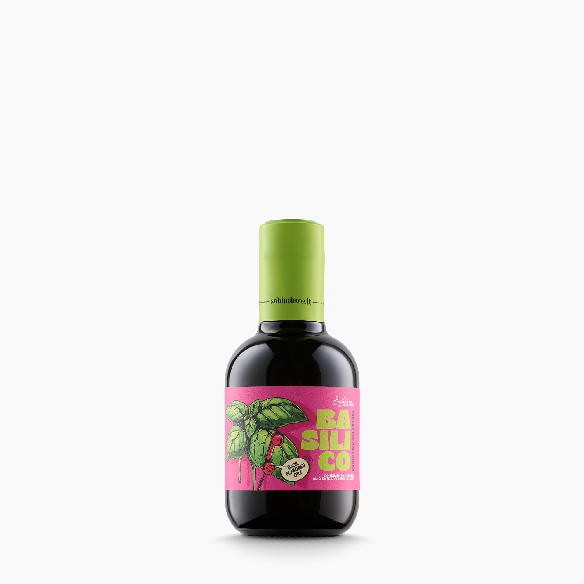 250 ml bottle of Sabino Leone Basil flavored extra virgin olive oil.