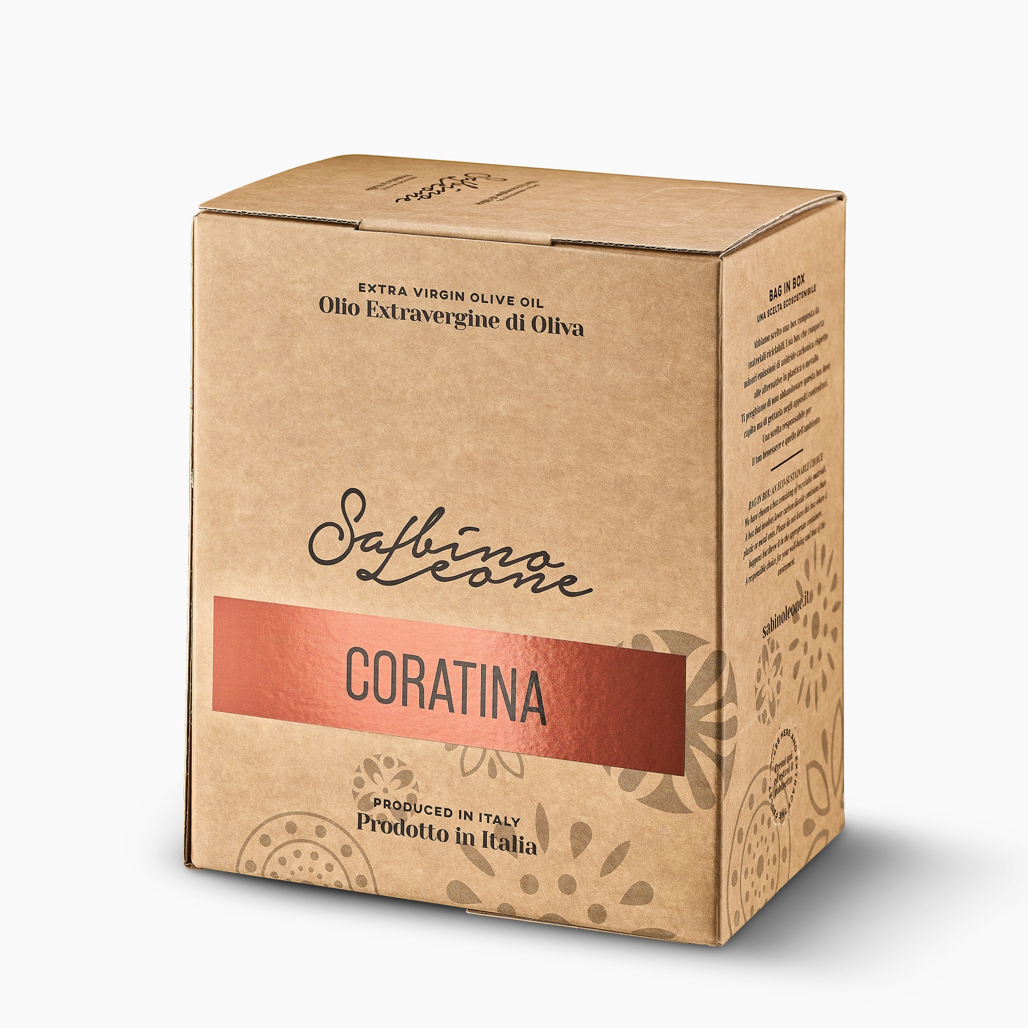 Angled view of Sabino Leone Coratina 5L Bag-in-Box from Puglia, Italy.