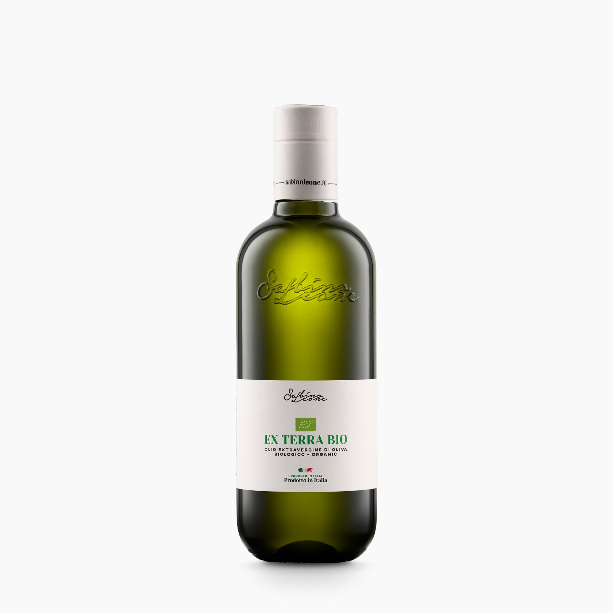 A 500 ml bottle of Sabino Leone Ex Terra Organic extra virgin olive oil from Puglia, Italy.