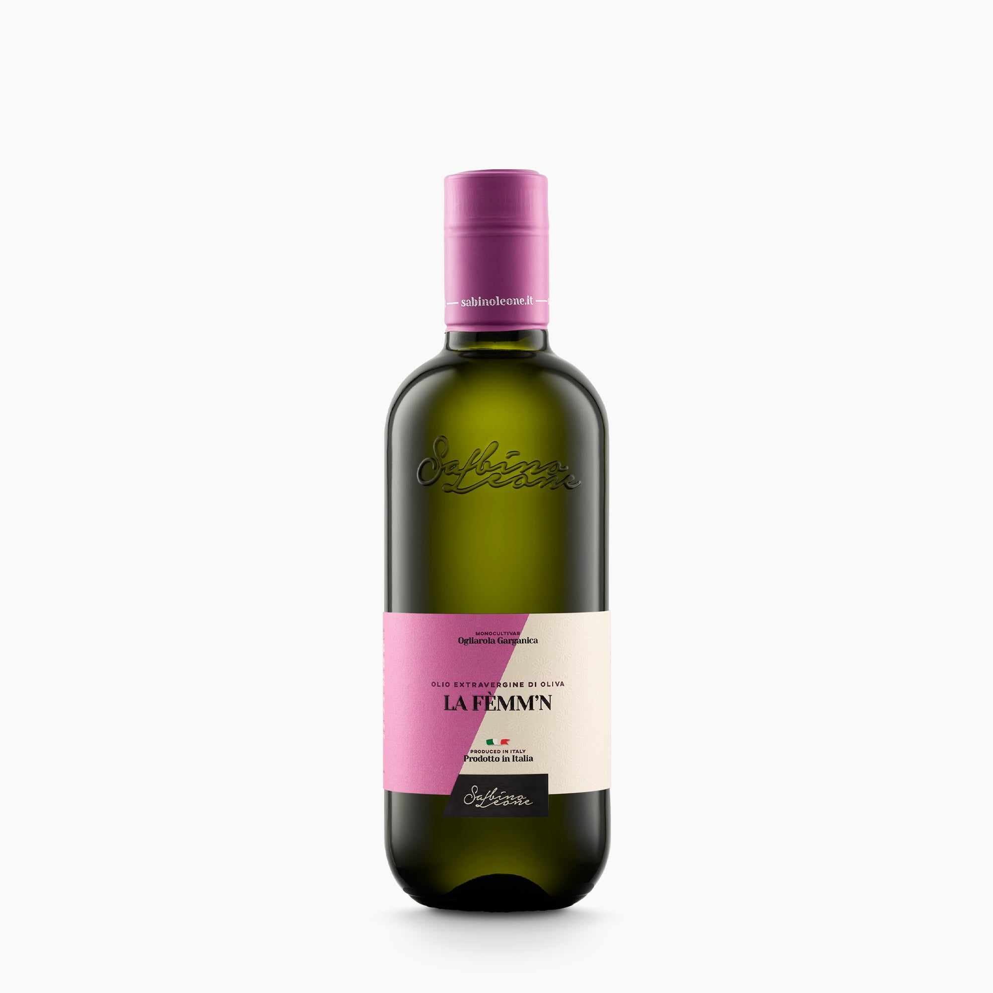 500 ml bottle of Sabino Leone La Femm'n extra virgin olive oil.