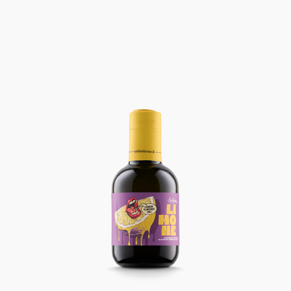 250 ml bottle of Sabino Leone Lemon flavored extra virgin olive oil.