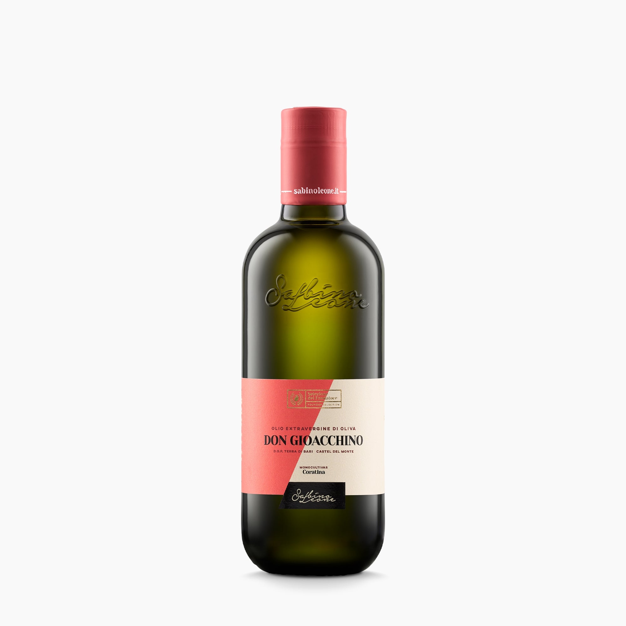 500 ml bottle of Sabino Leone Don Gioacchino DOP Terra di Bari olive oil from Puglia, Italy.