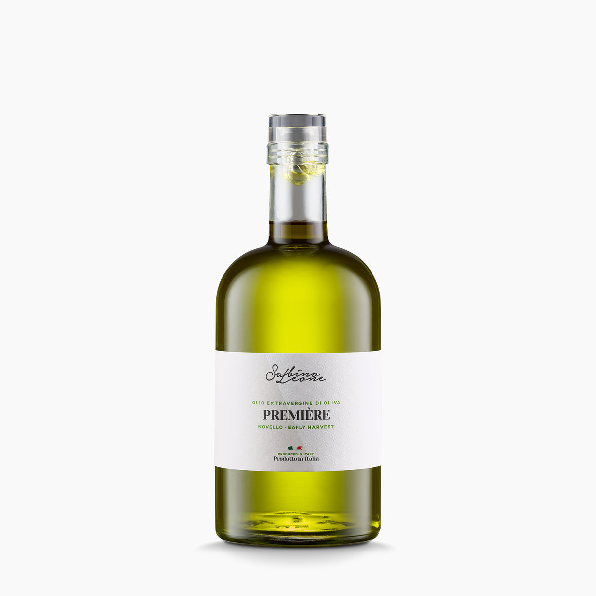 A 500 ml bottle of Sabino Leone Première extra virgin Novello olive oil from Puglia, Italy.